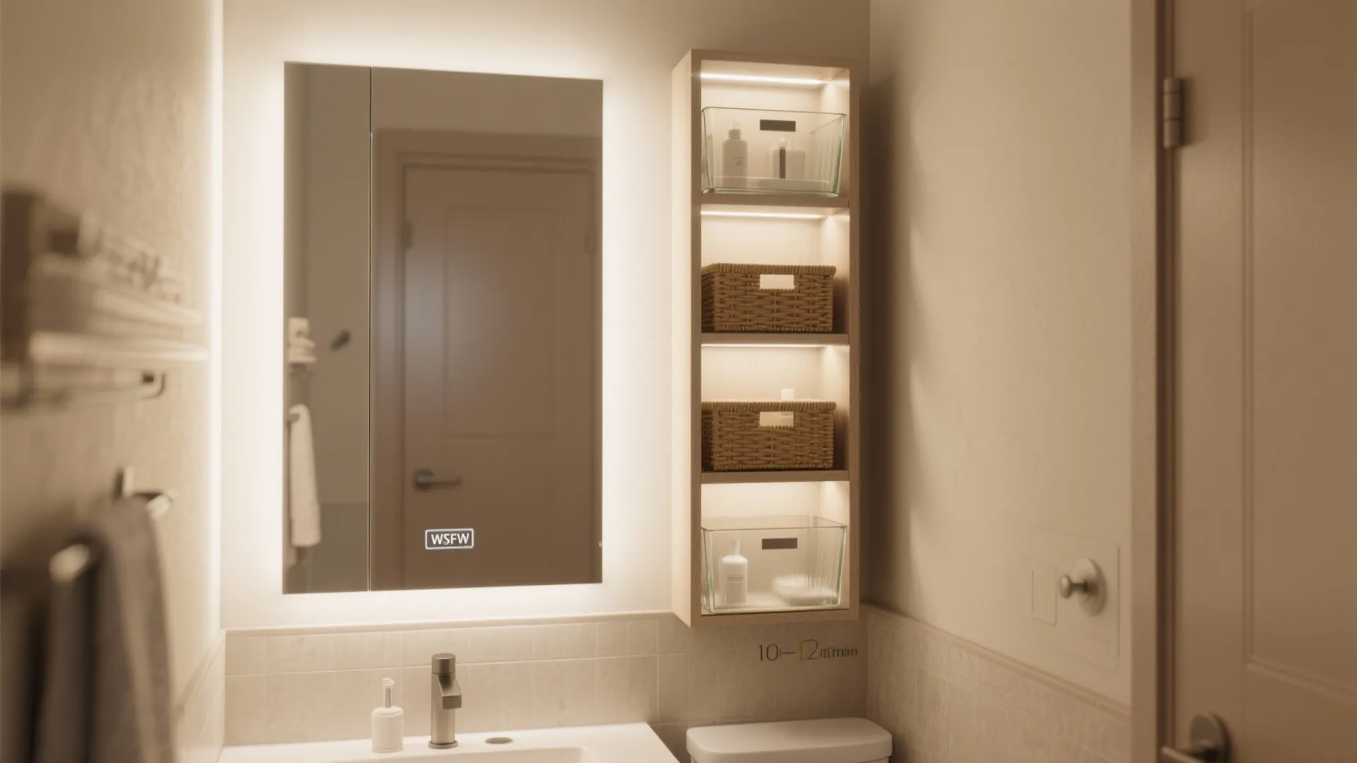 Small bathroom with lighted mirror wooden wall shelves holding storage baskets and a white sink area