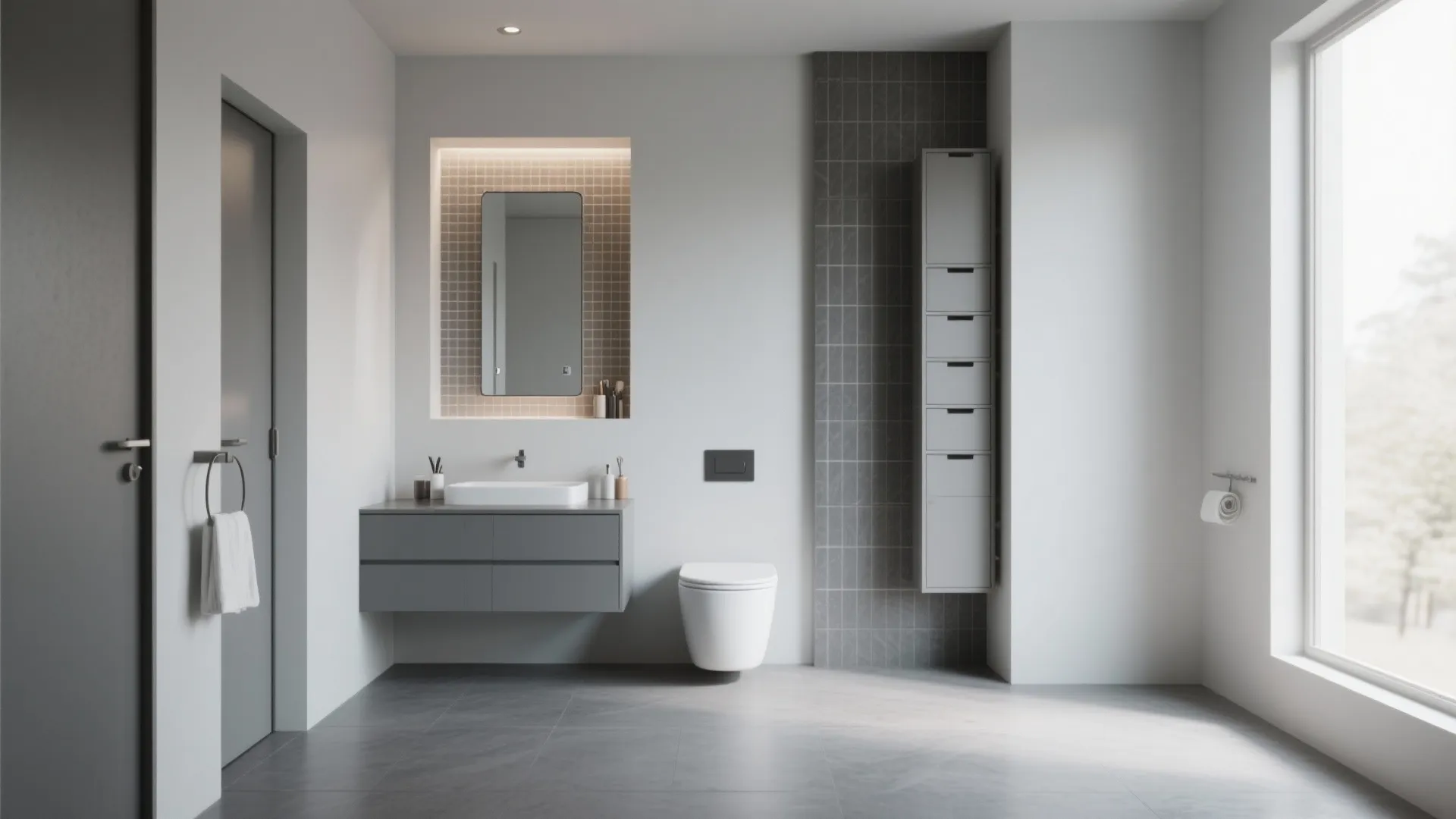 Modern minimalist grey bathroom with floating cabinet toilet tall vertical storage and large bright window