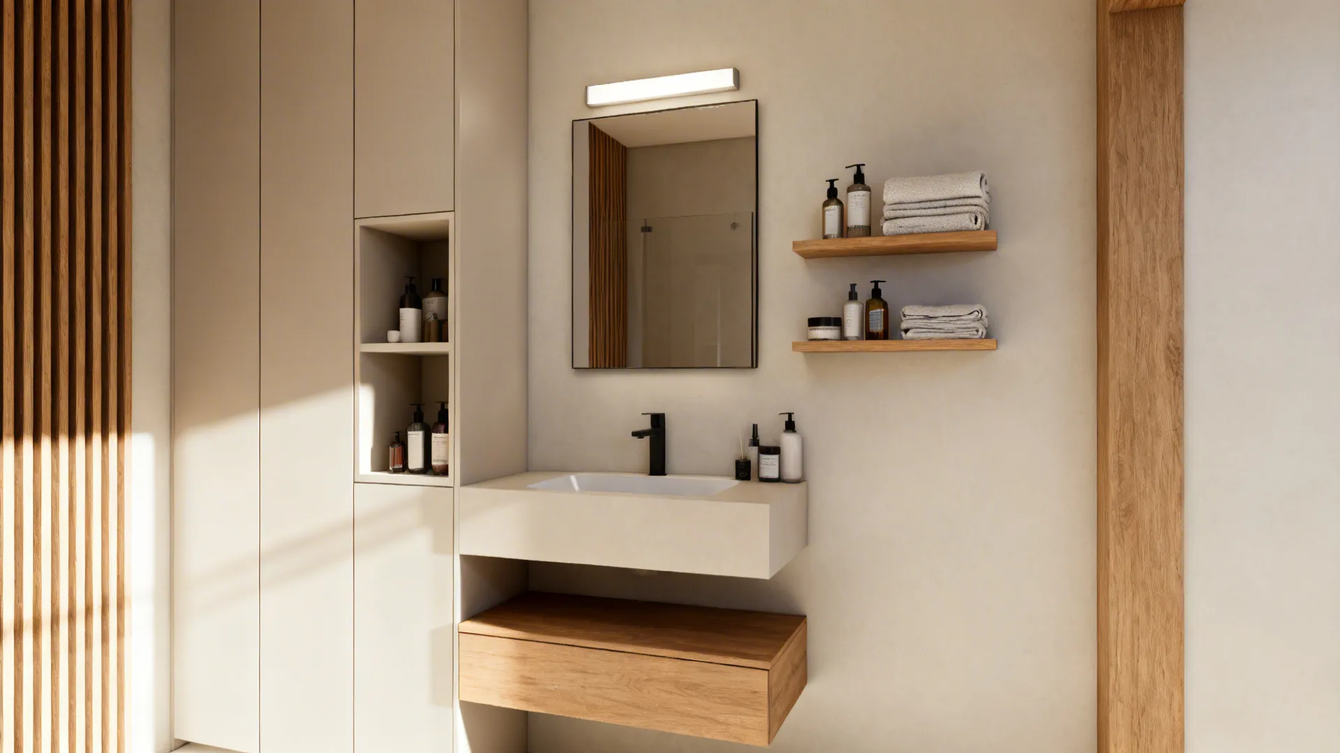Tall recessed cabinets, floating shelves and a recessed medicine cabinet in a small bathroom.