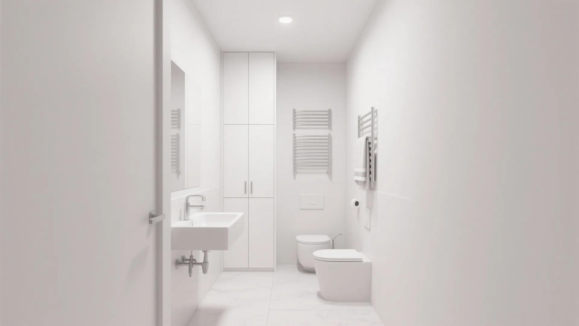 Modern white bathroom with floating sink tall white cabinet toilet metal towel rack and marble floor
