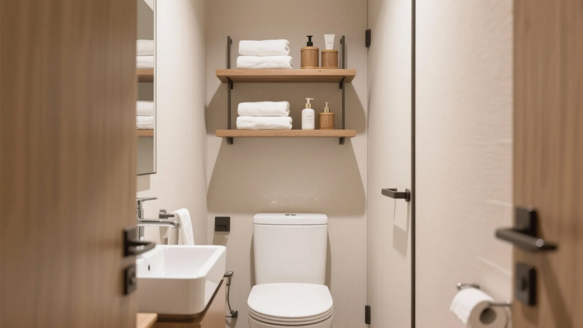 Small modern bathroom featuring white toilet white sink wooden wall shelves with towels and bottles