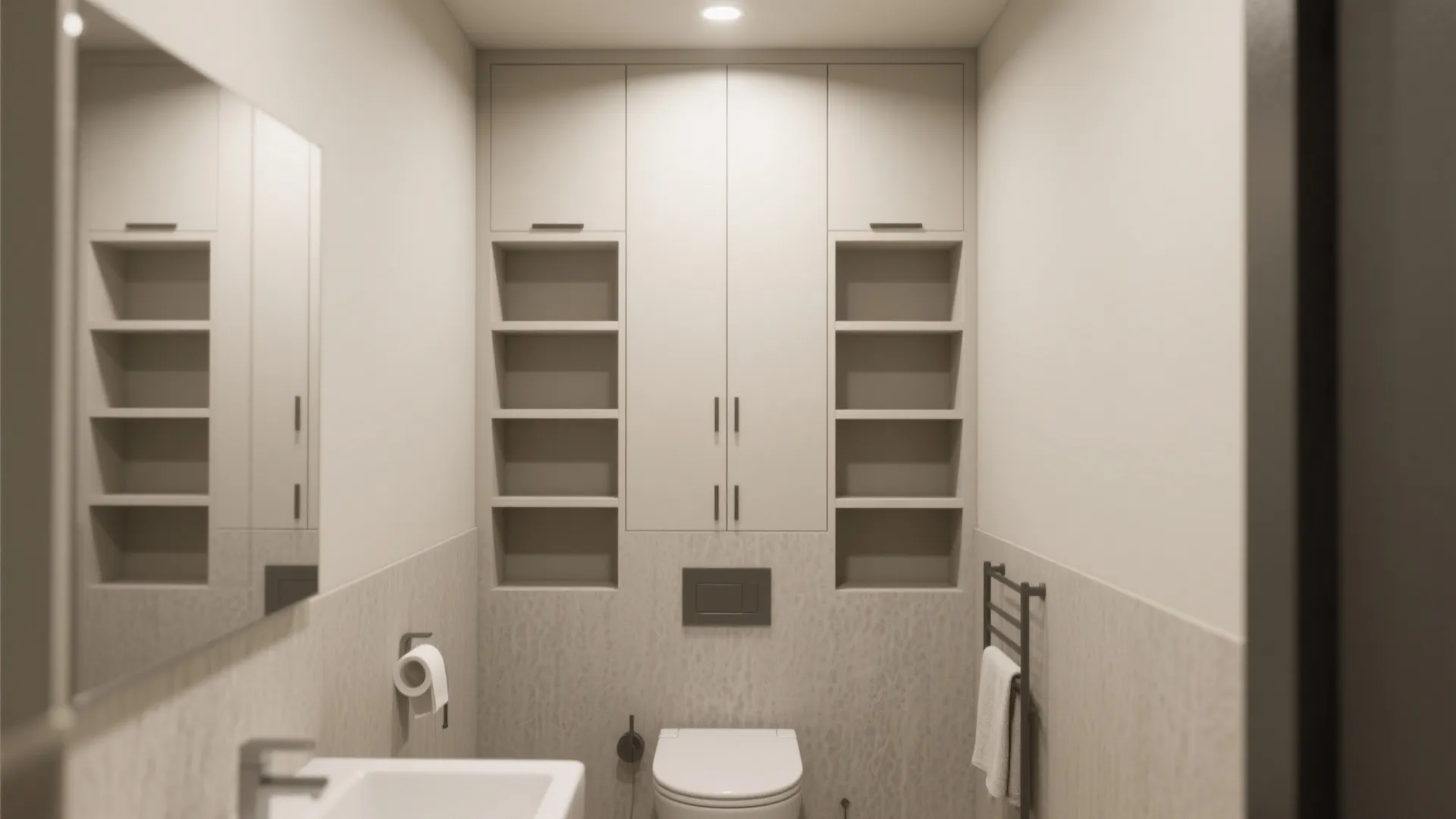Modern bathroom featuring white toilet and wall storage cabinet with open shelves for vertical space