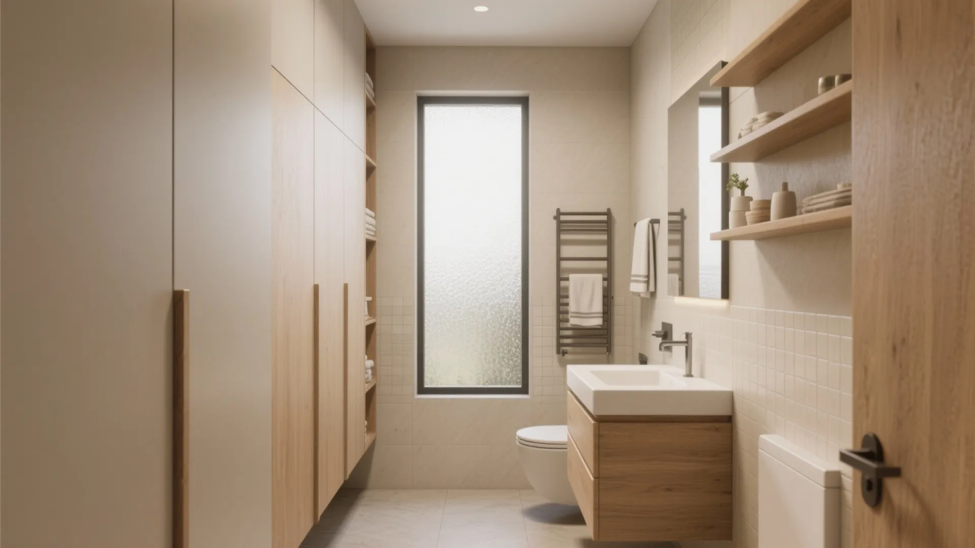 Small bathroom layout with tall wooden cabinets, white sink, open shelves, and a large window