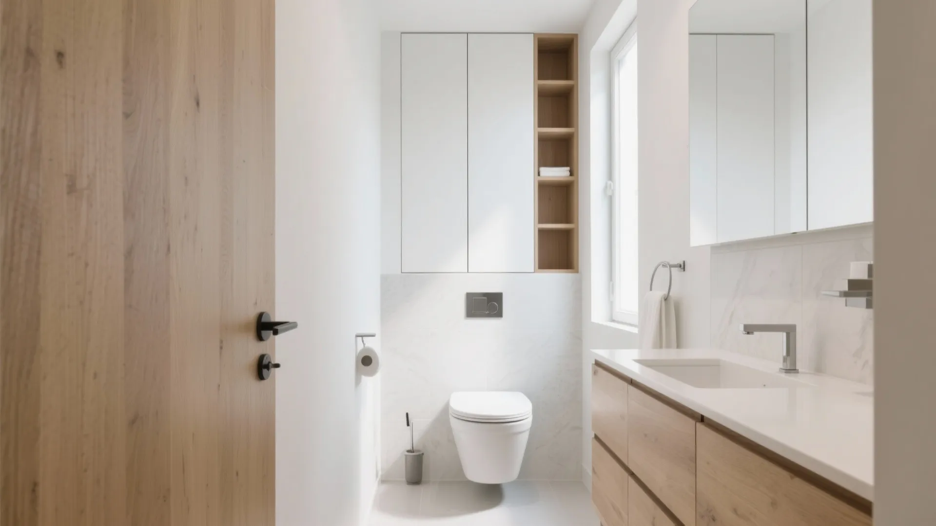 Minimalist white bathroom with wooden cabinet wall storage toilet and a large mirror above sink
