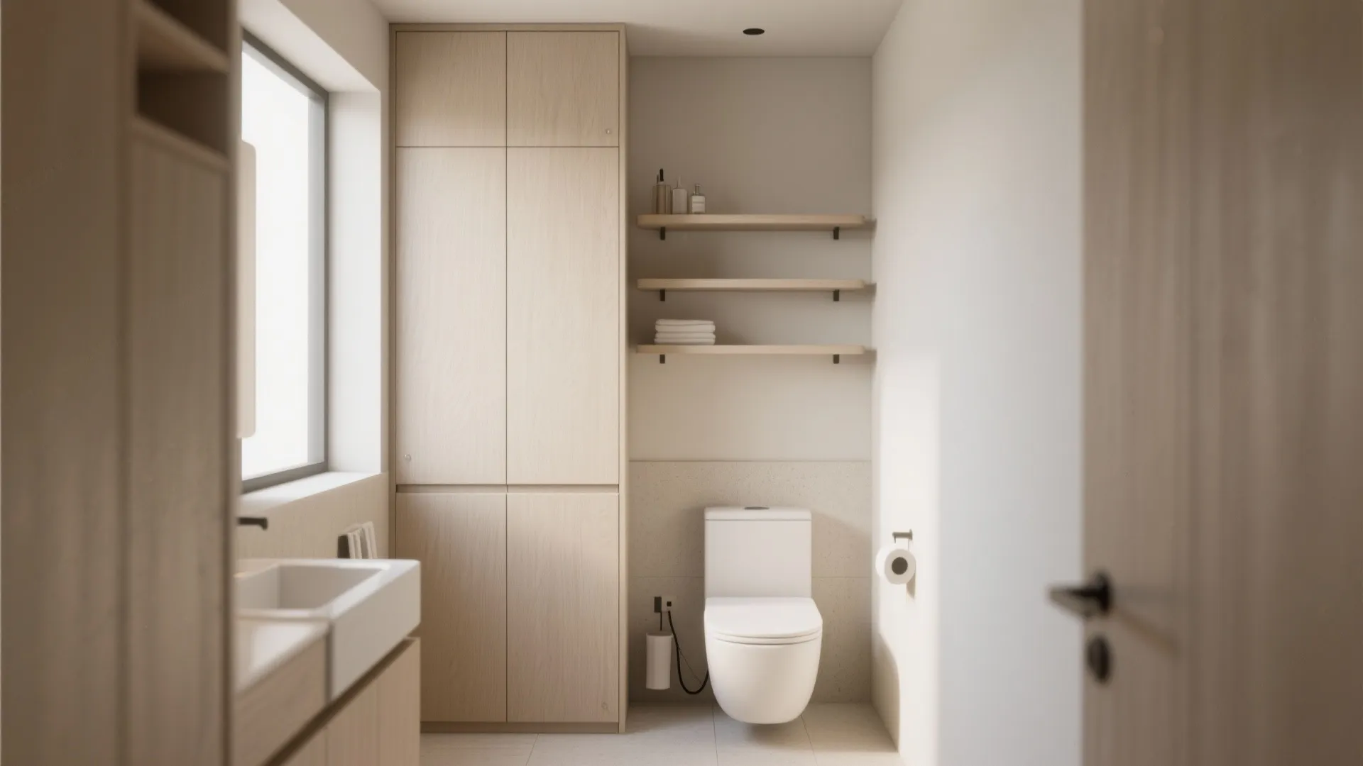 Small modern bathroom featuring tall wood cabinet open wall shelves toilet and white sink vanity