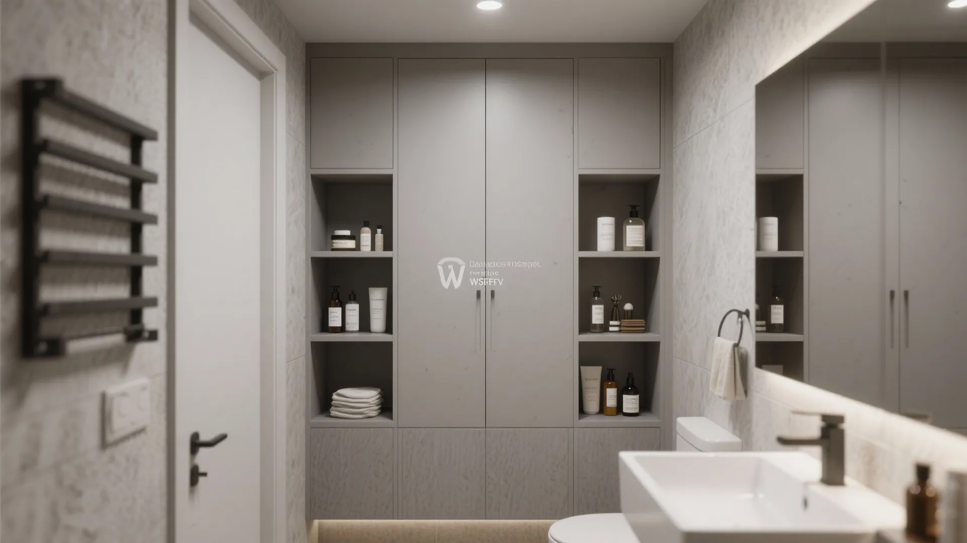 Modern grey bathroom cabinet with open shelves for towels and bottles next to a mirror