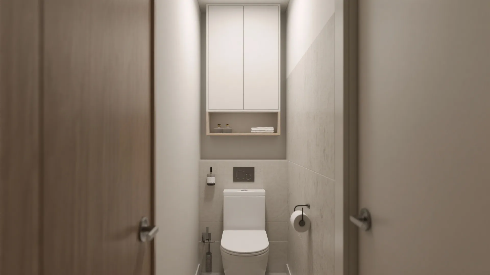 Small minimalist bathroom with white toilet wall storage cabinet neutral tiles and simple wood door