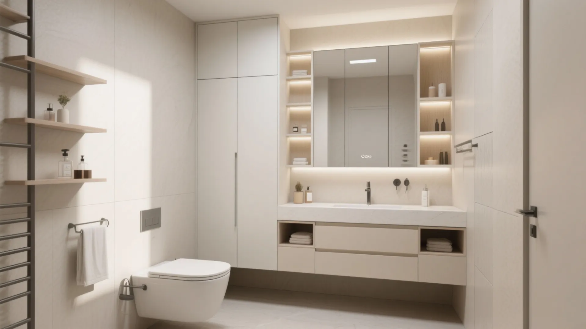 Bright bathroom interior featuring tall white storage cabinet vanity mirror with shelves and wall toilet