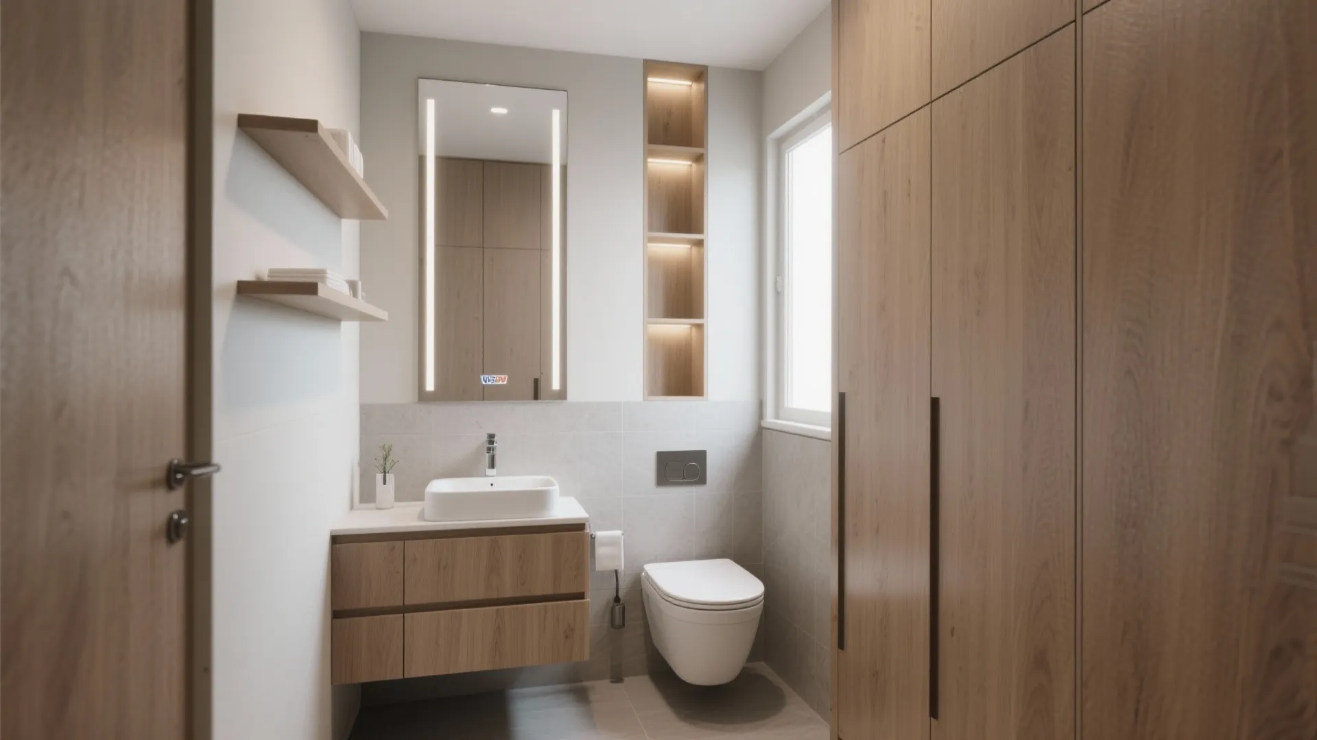 Small bathroom with tall cabinets and floating shelves maximizing vertical space