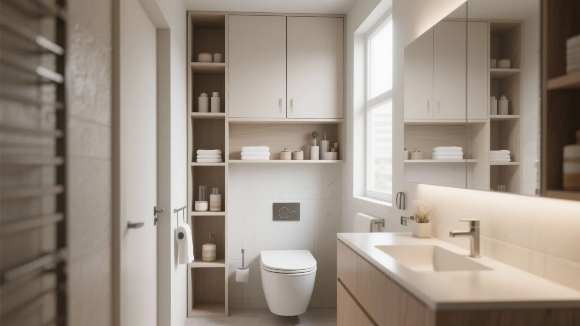 Modern bathroom with wooden cabinet storage, white toilet, vanity sink, large mirror, and natural light