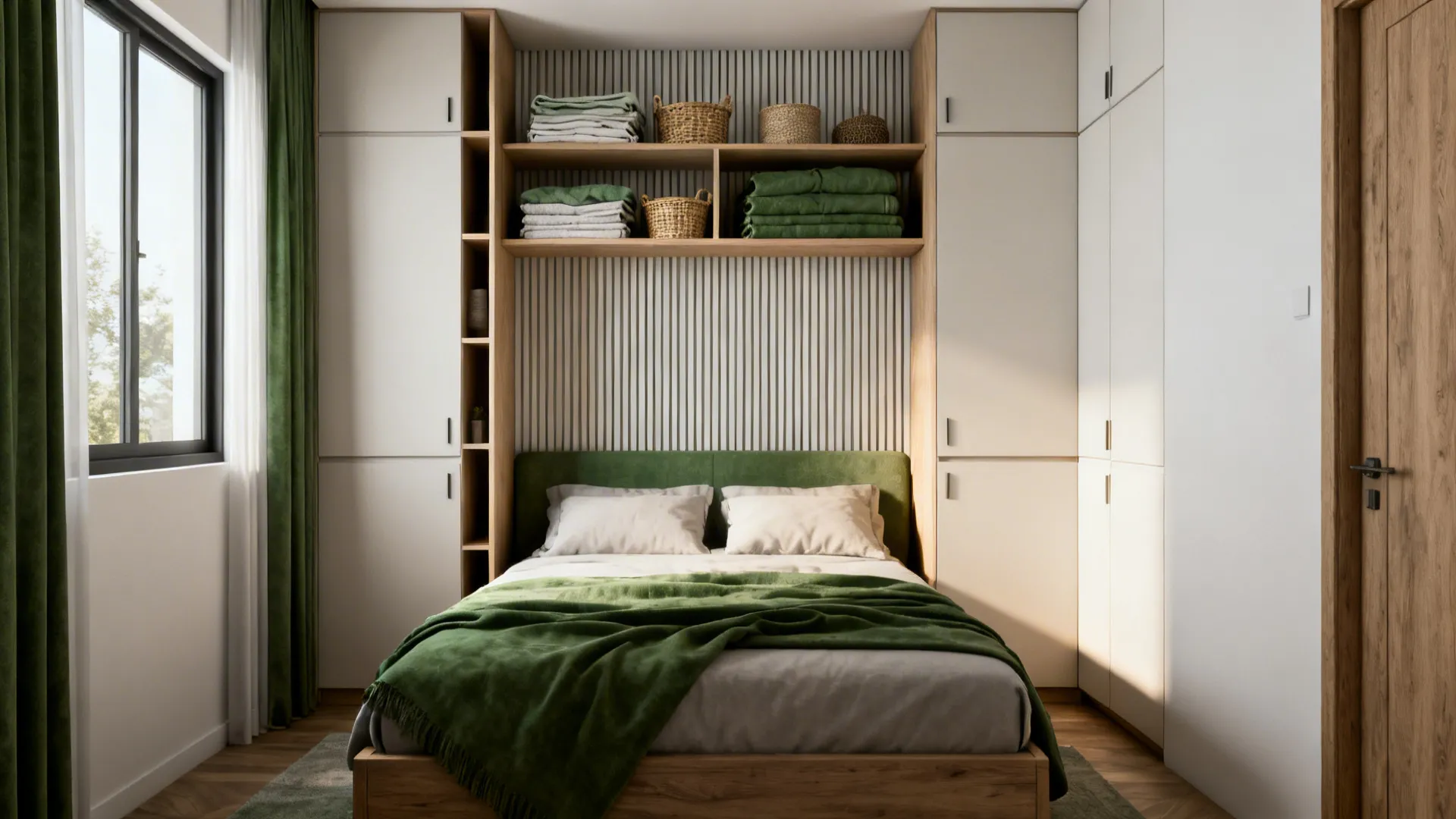 Small bedroom with queen bed anchored by full-height cabinets and open shelving above.