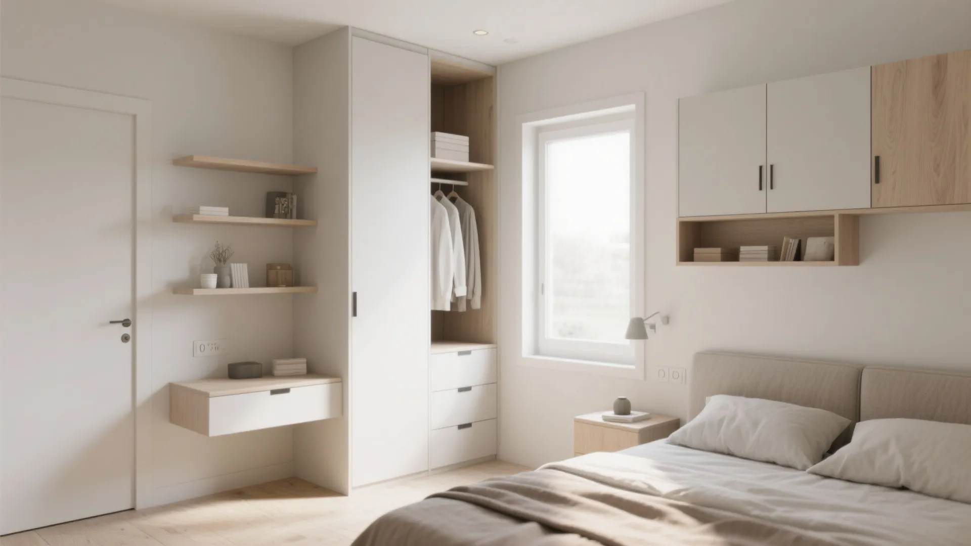 Modern white bedroom with built in cabinet storage wooden shelves and natural light from window
