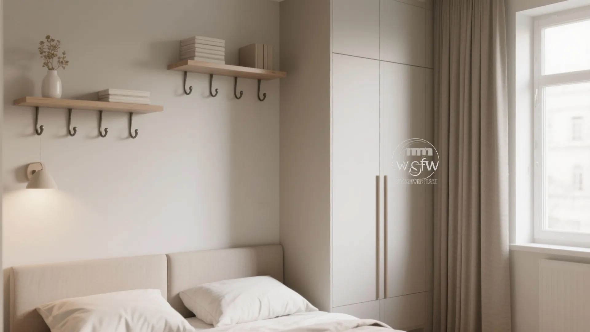 Small bedroom featuring tall white cabinet wooden wall shelves with hooks and a soft curtain