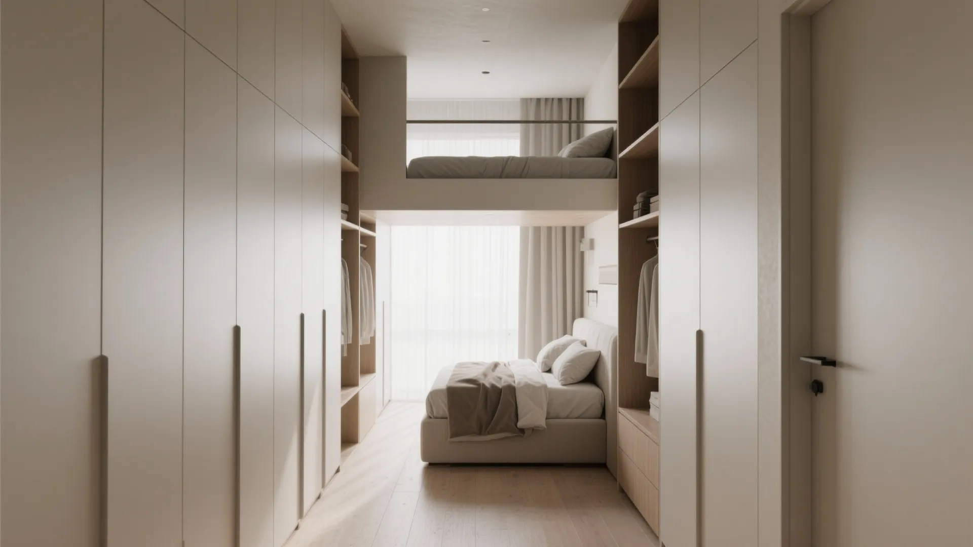 Small bedroom with two beds white wall cabinets wooden floor and natural light from window