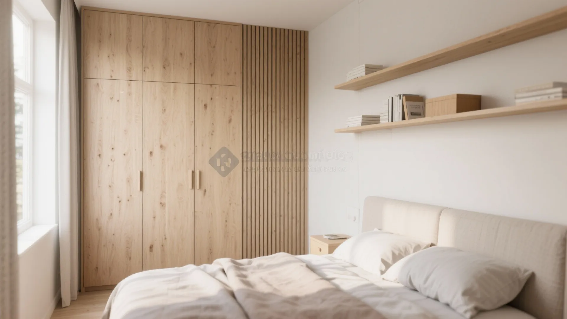 Modern bedroom with large wooden cabinet wall panel wooden wall shelves and white bed sheets