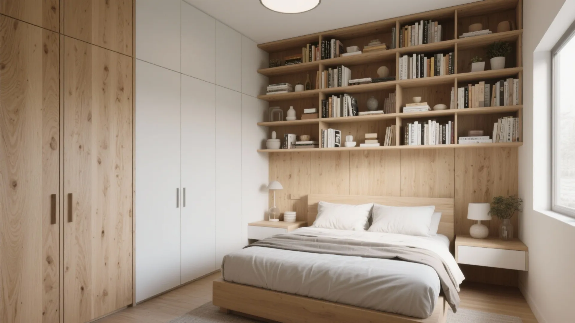 Modern bedroom with wooden bed frame white wardrobes large wall bookshelf and neutral soft bedding