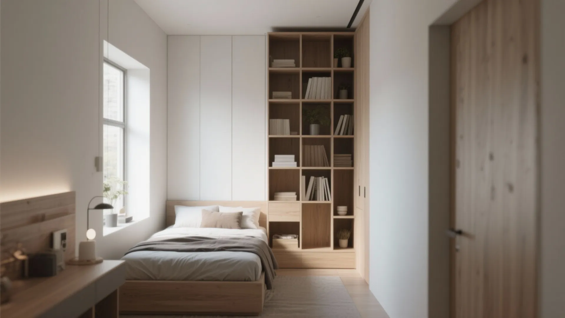 Modern small bedroom featuring a wood bed and floor to ceiling bookshelf for vertical storage