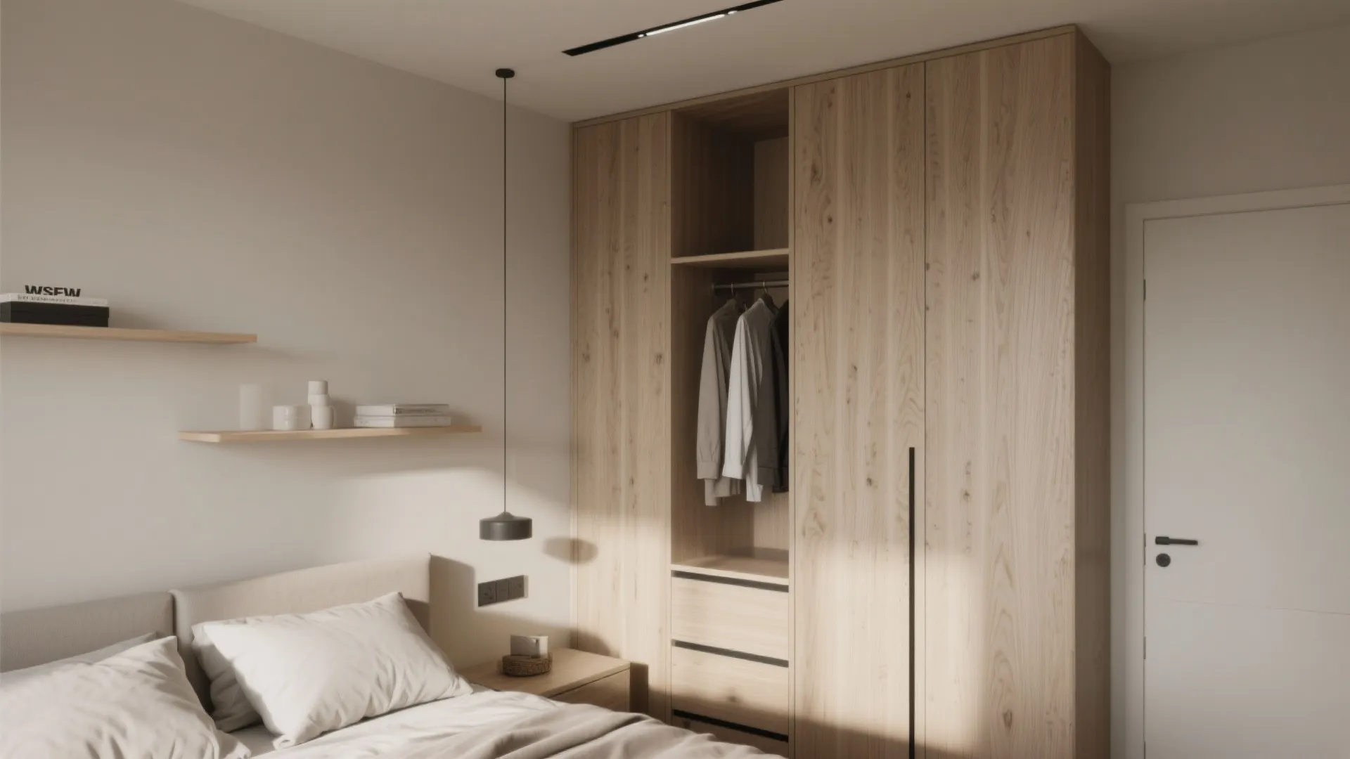 Modern bedroom featuring a large wooden cabinet with hanging clothes and a comfortable white bed