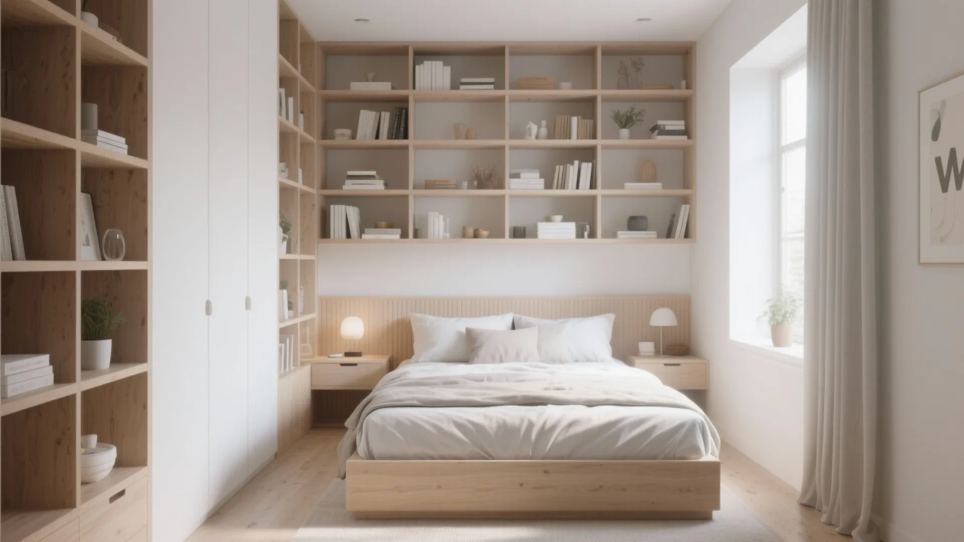 Modern bedroom with wooden bed frame large wall storage shelves white wardrobe and neutral color bedding