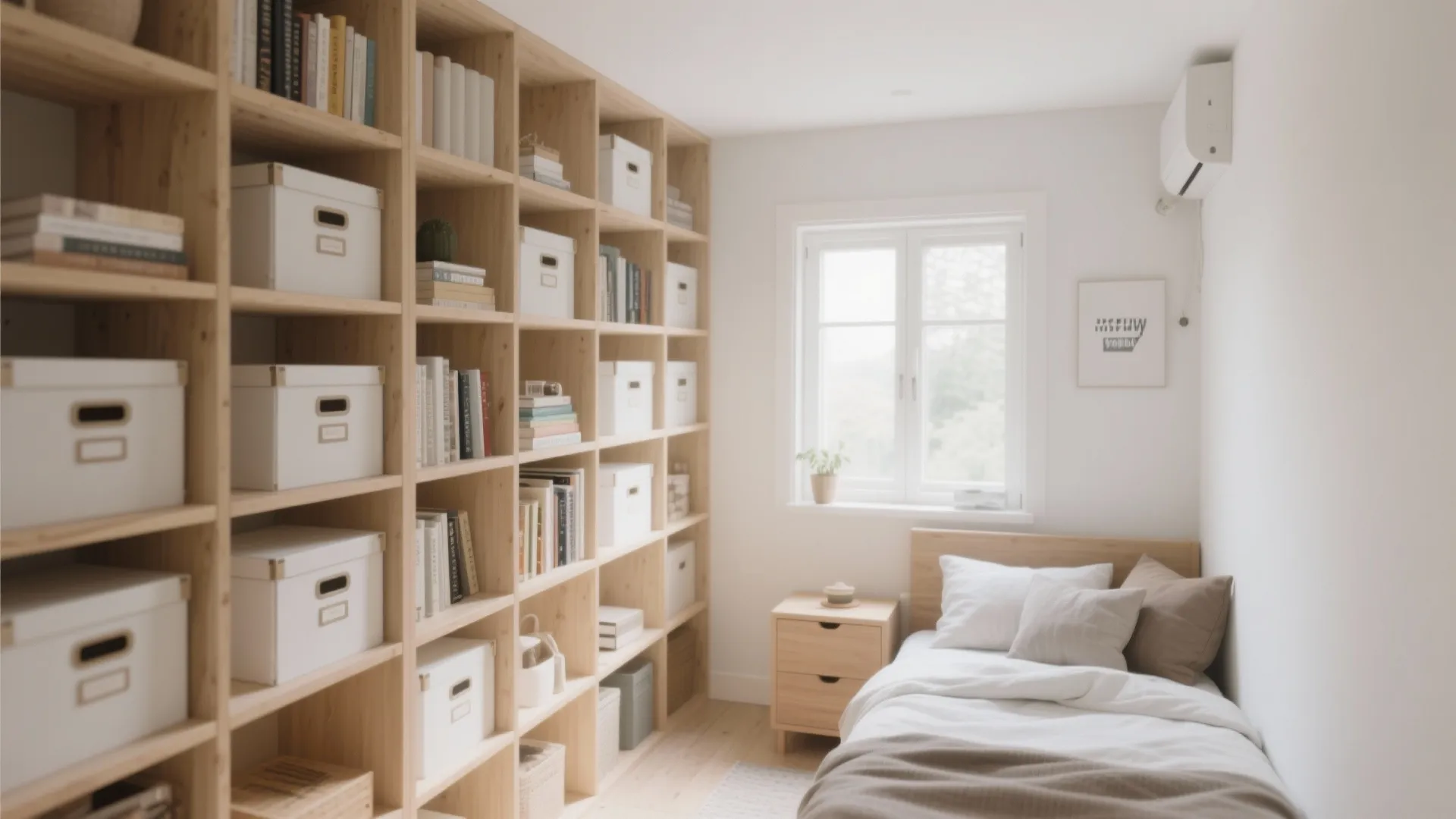 Small bedroom with tall white shelves for storage