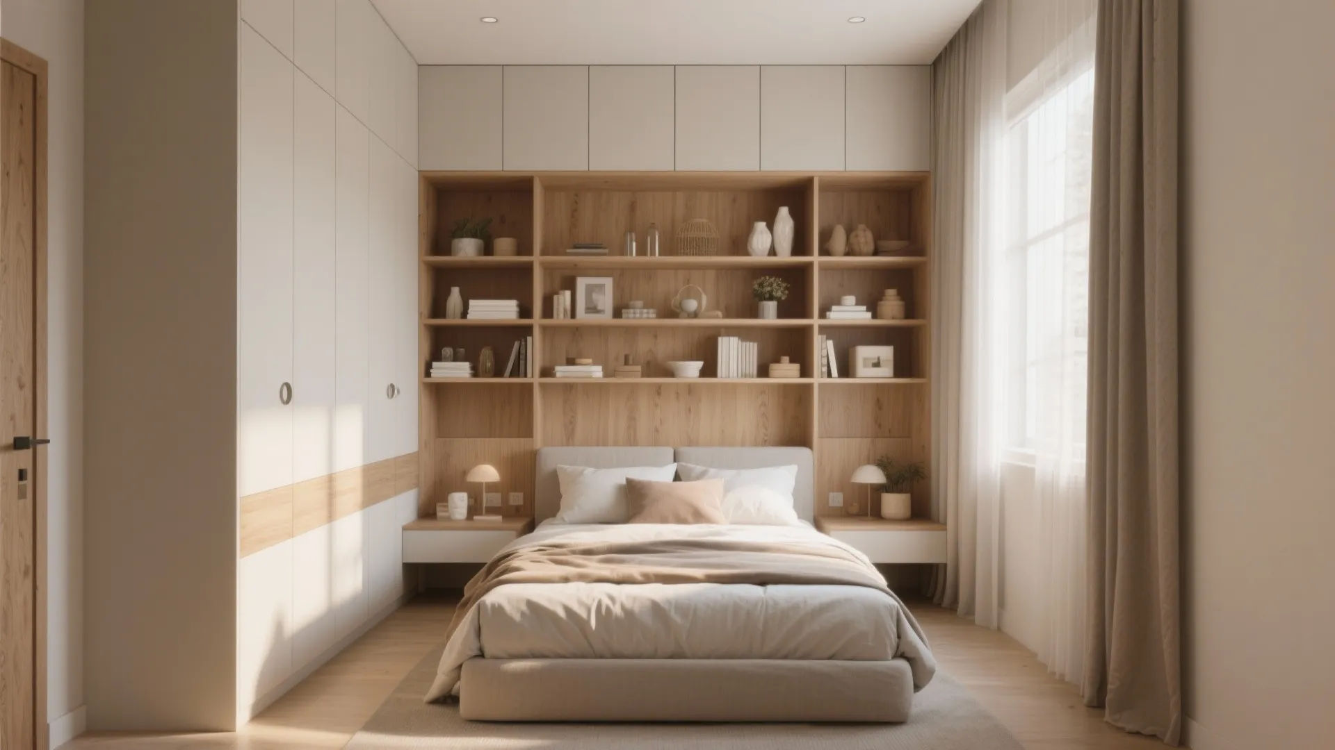 Modern bedroom with integrated wooden wall shelves white wardrobe beige bed linen and soft window curtains