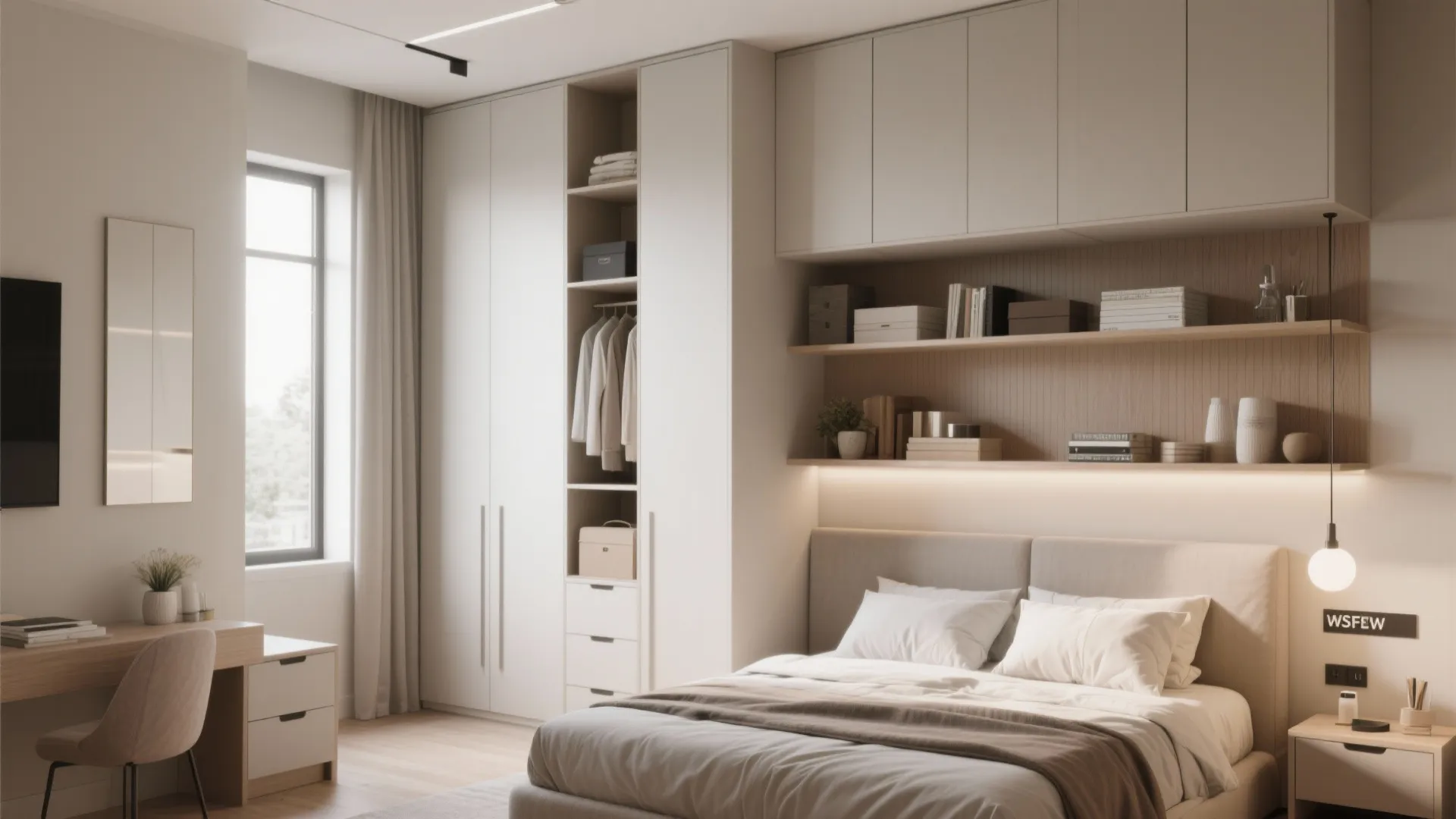 Modern bedroom featuring white floor-to-ceiling storage cabinets with built-in shelves and a wooden study desk