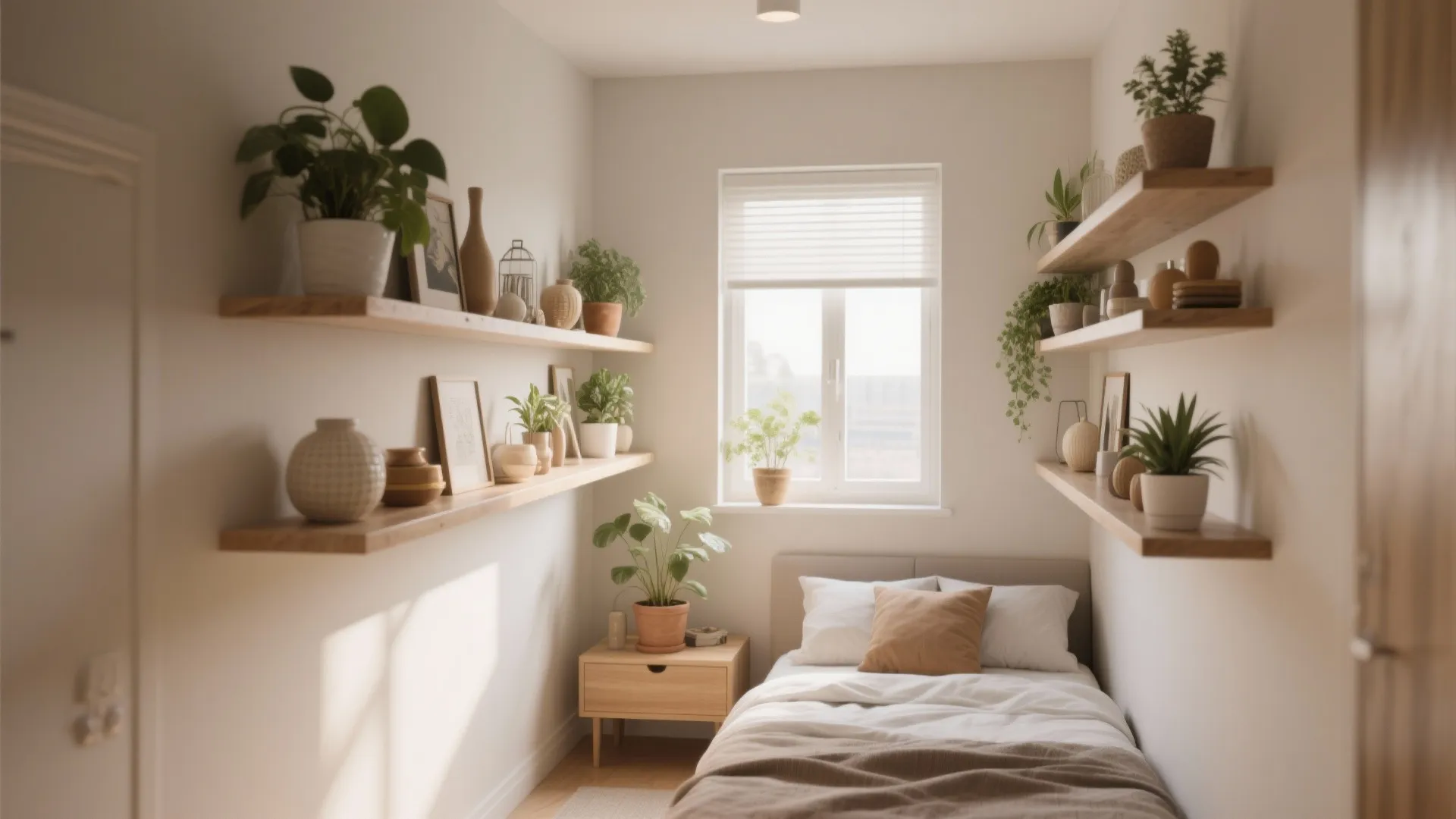 Small bedroom featuring wall mounted wooden shelves filled with potted plants and minimalist decor items