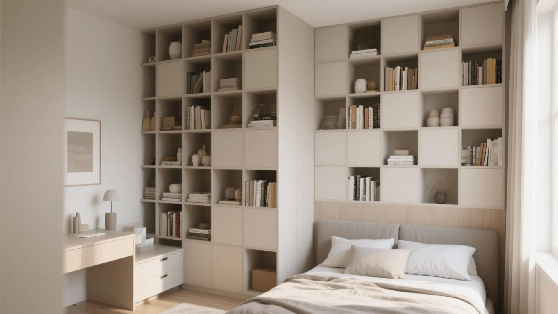 Tall vertical storage in a small bedroom corner