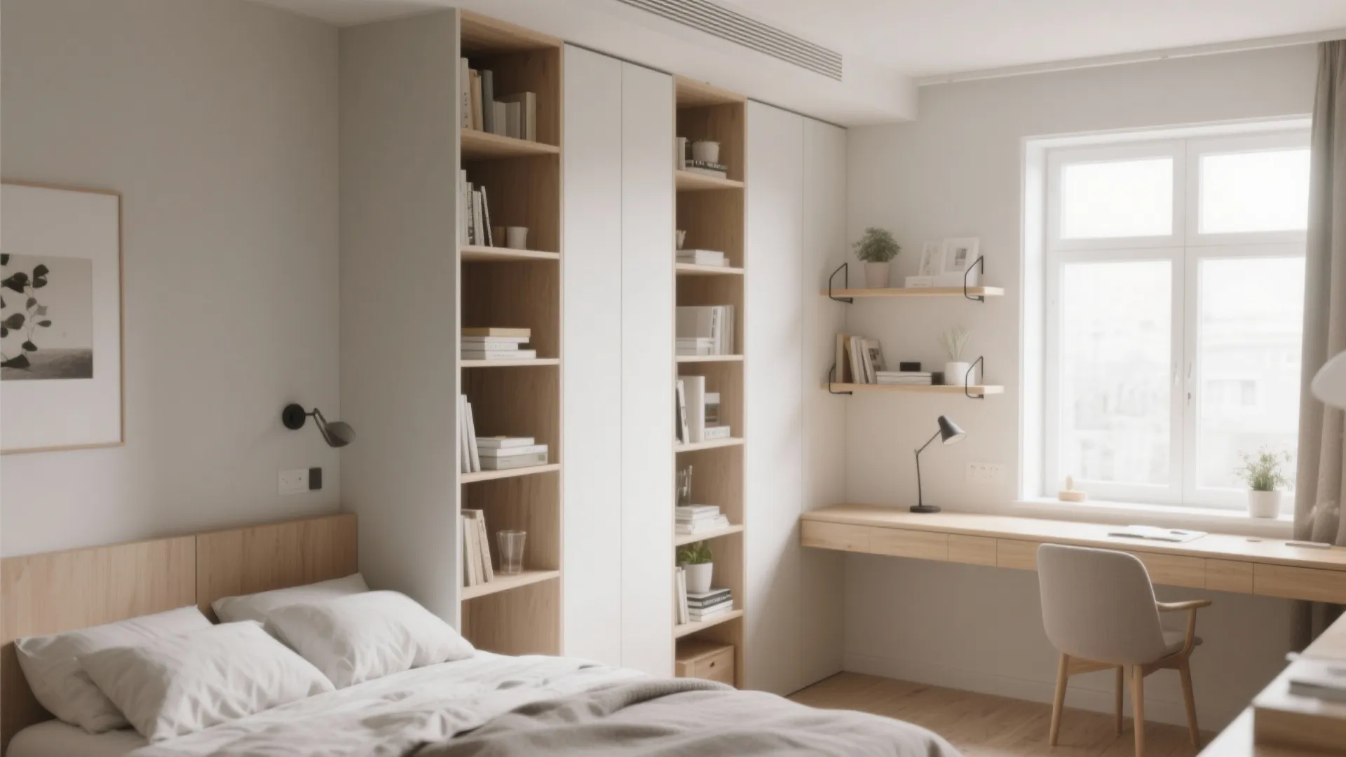 Cozy bedroom featuring white cabinets wooden bookshelves a long desk by the window and chair