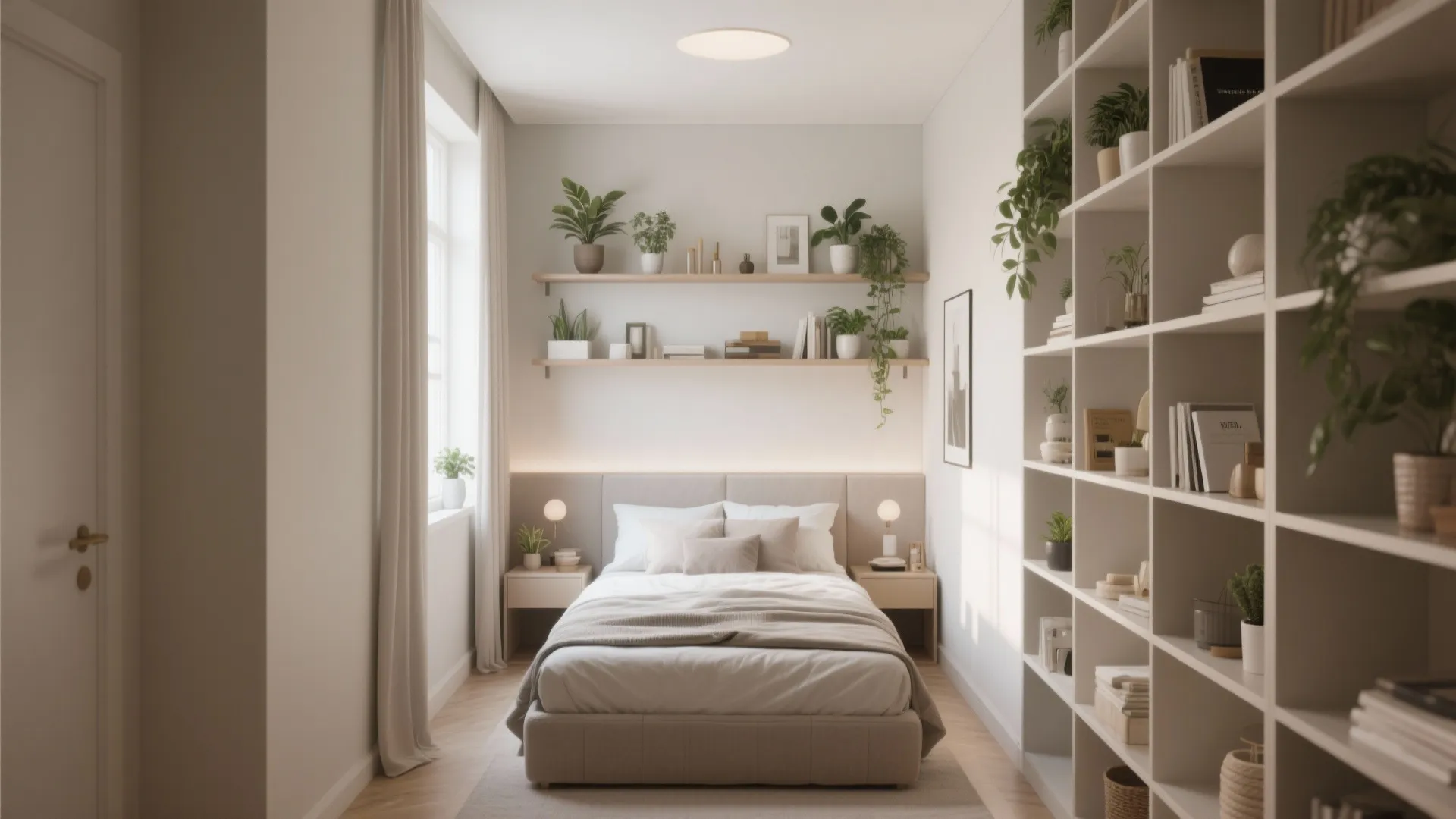 Modern narrow bedroom with beige bed, white wall shelves, tall white bookcase, and green plants
