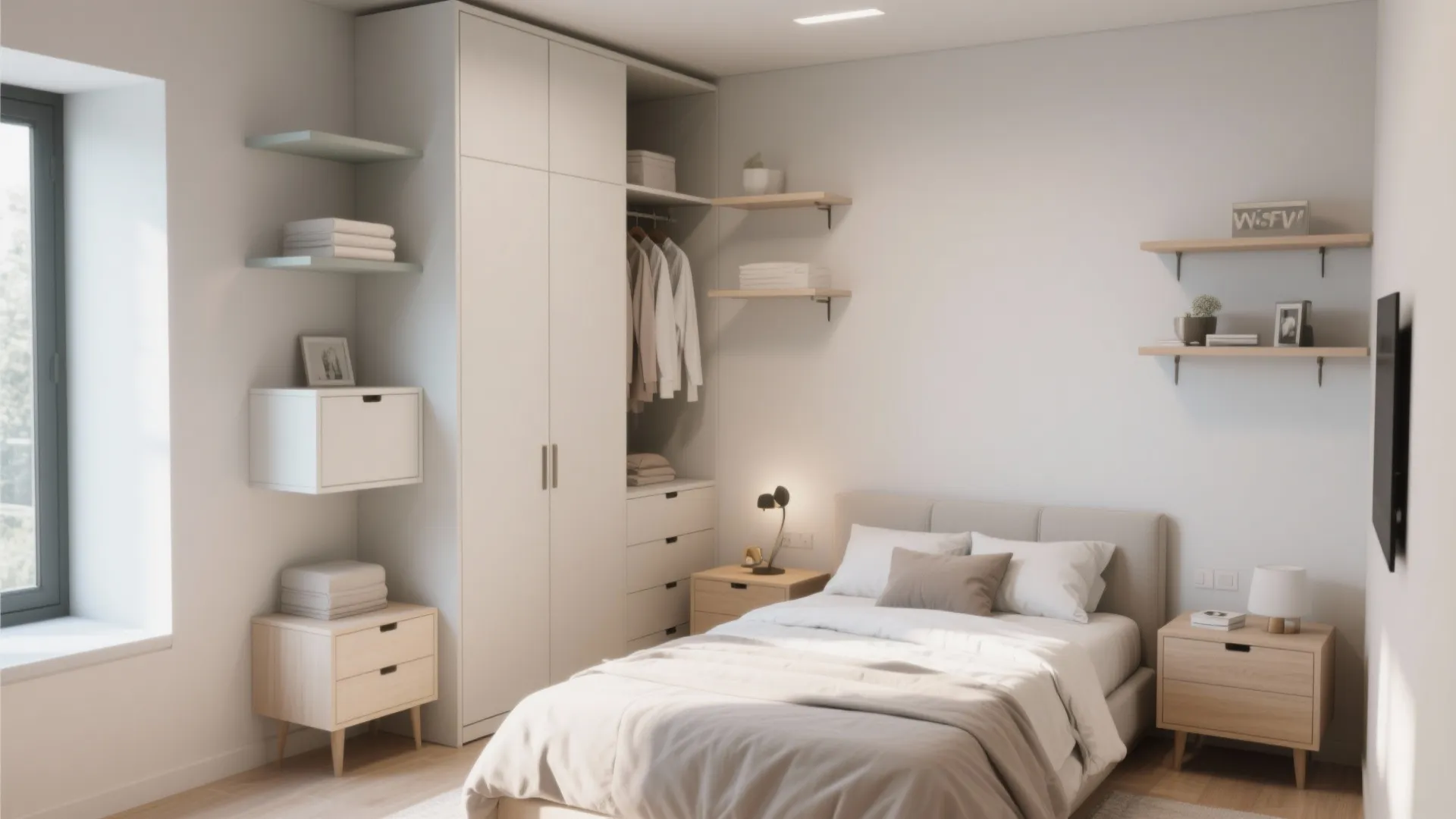 Tall storage units and floating shelves in a small bedroom