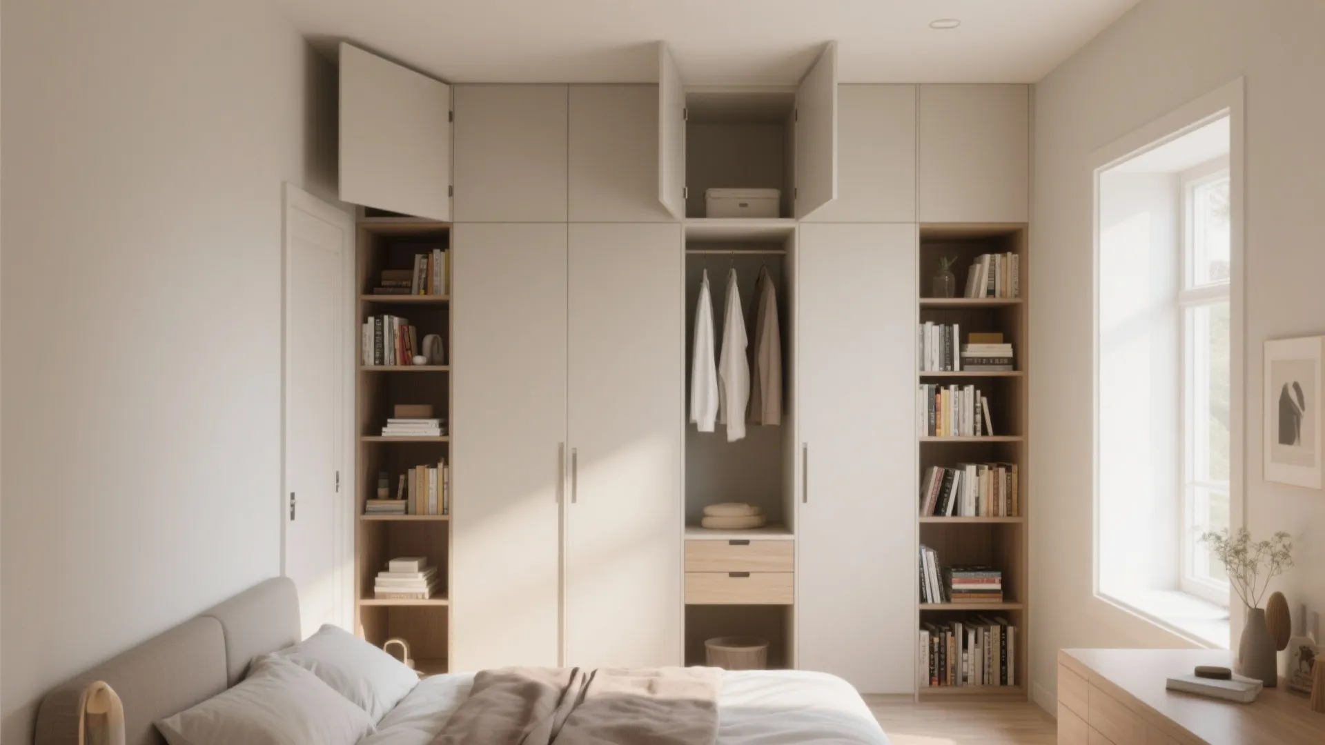 10x10 bedroom with tall shelves and hidden storage cabinets