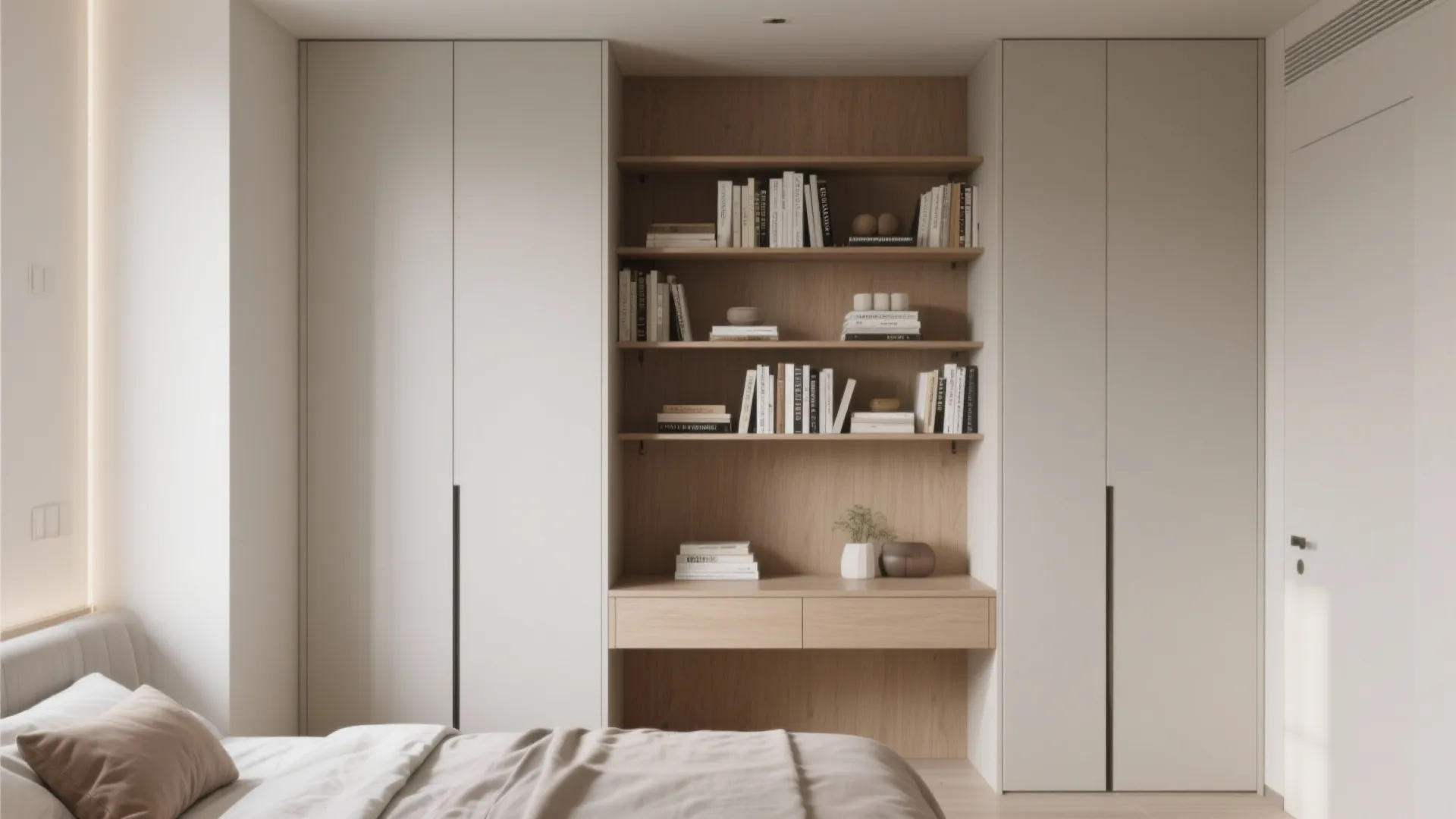 Built-in bedroom storage with white cabinets, wooden bookshelves, a small desk, and a cozy bed