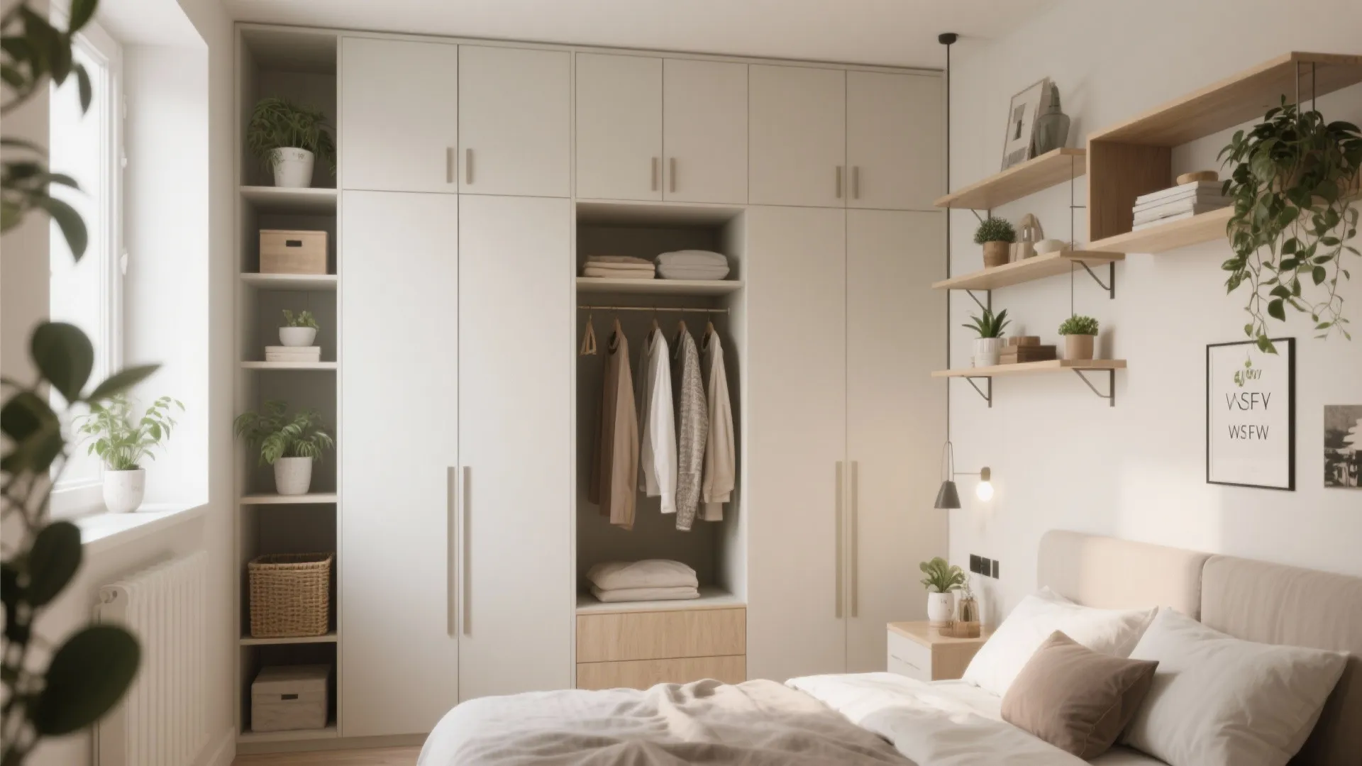 White built-in wardrobe with open shelves hanging clothes wooden wall shelves and potted green plants