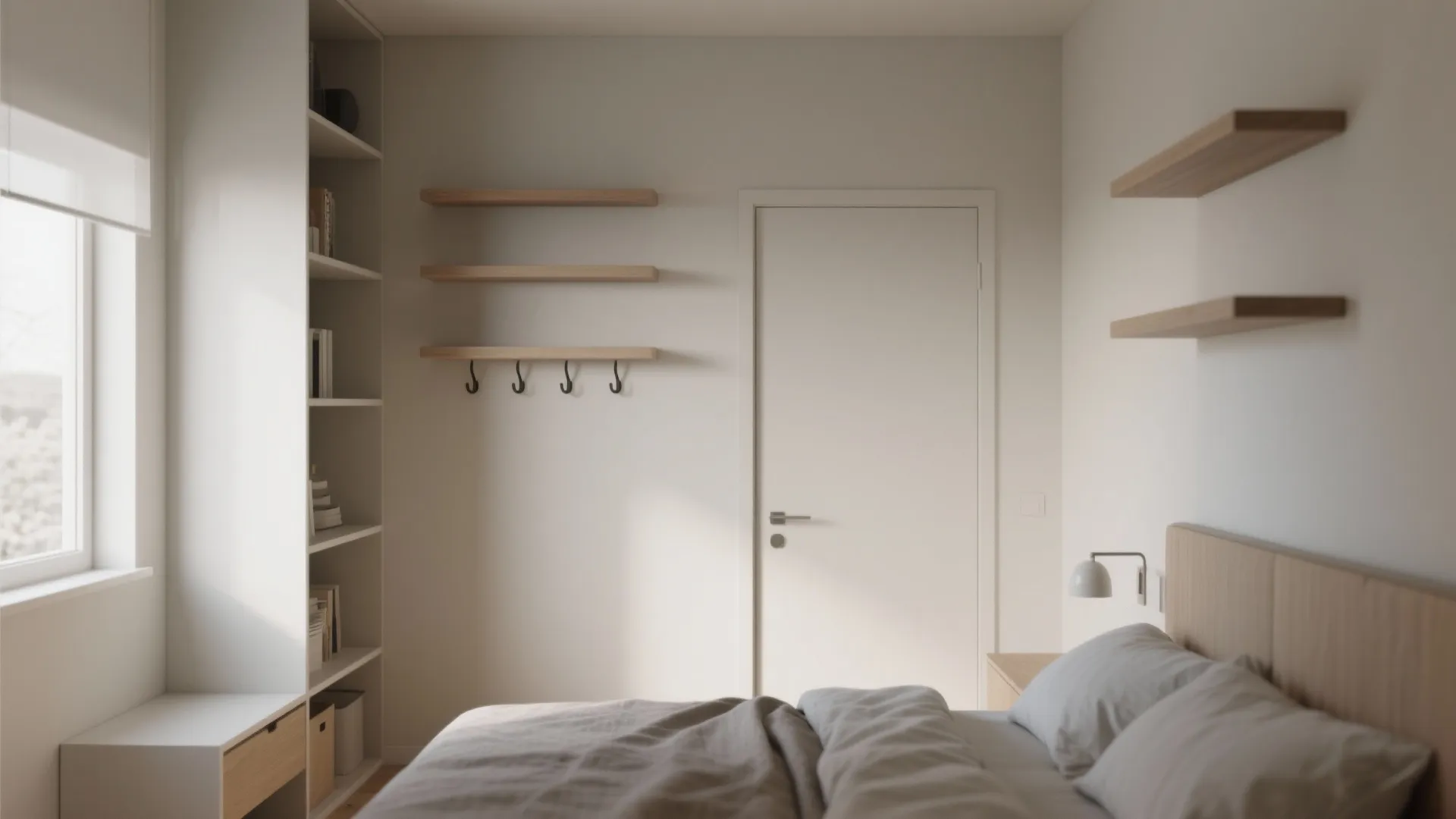 Minimalist white bedroom featuring tall open cabinet wooden wall shelves with hooks and grey comfortable bedding