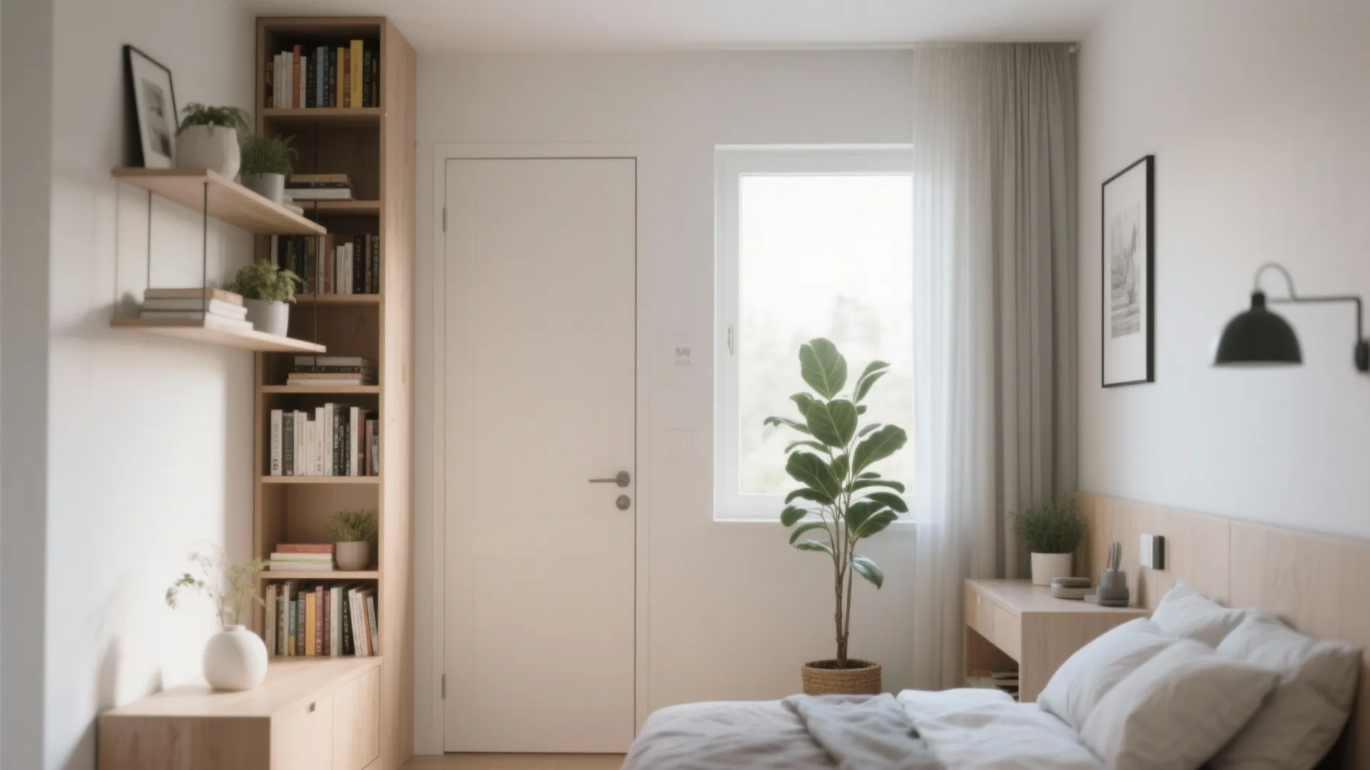 Bright bedroom interior with tall wooden bookshelf white door green plant and simple bed with pillow