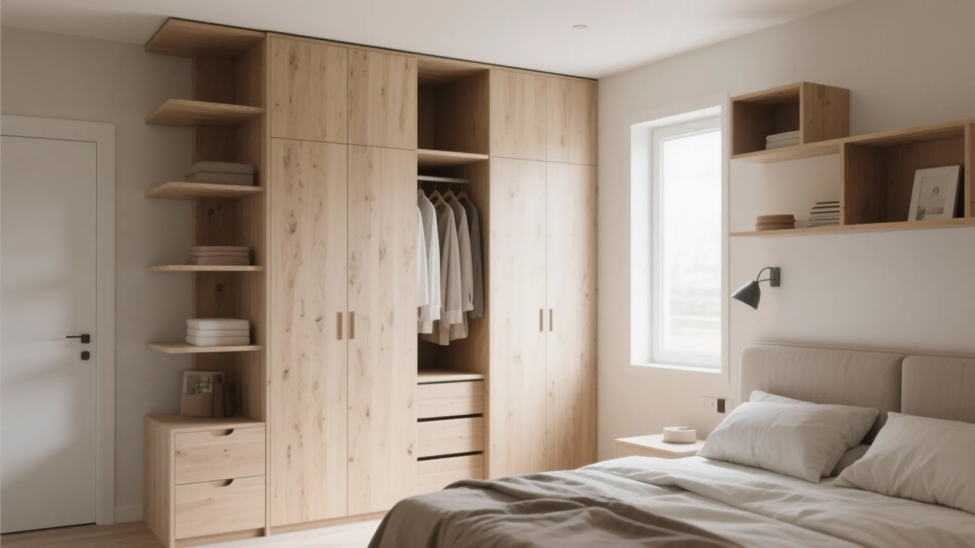 Modern bedroom featuring large wooden wardrobe with open shelves next to bed with white linens