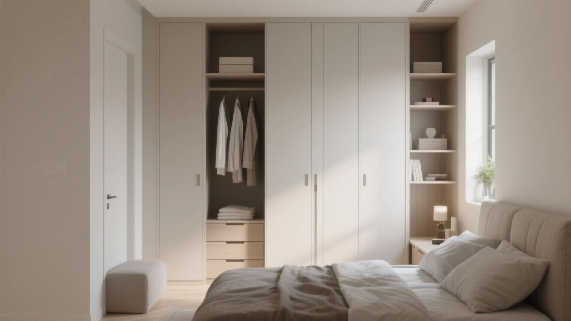 Bedroom with tall wardrobes and shelving reaching the ceiling