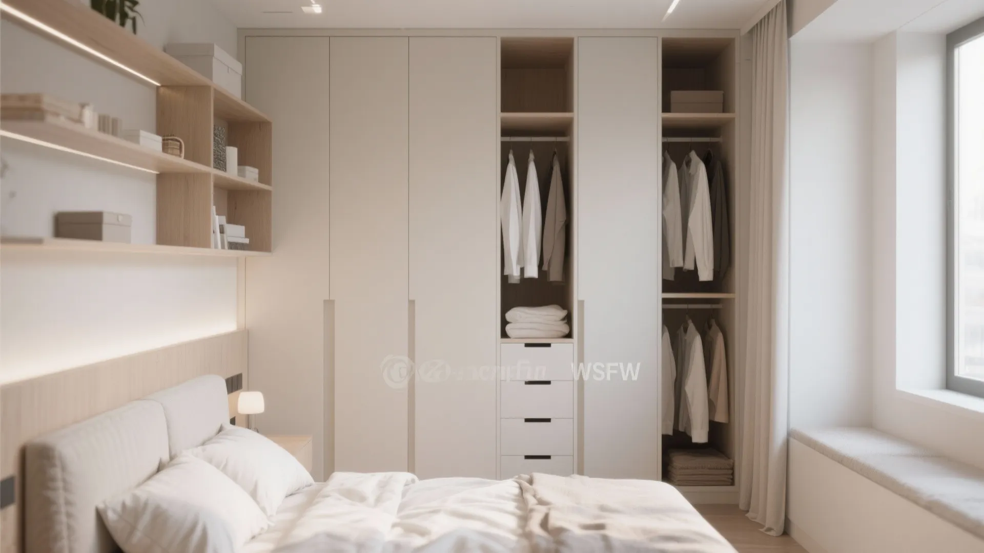 Tall wardrobe storage in a small bedroom