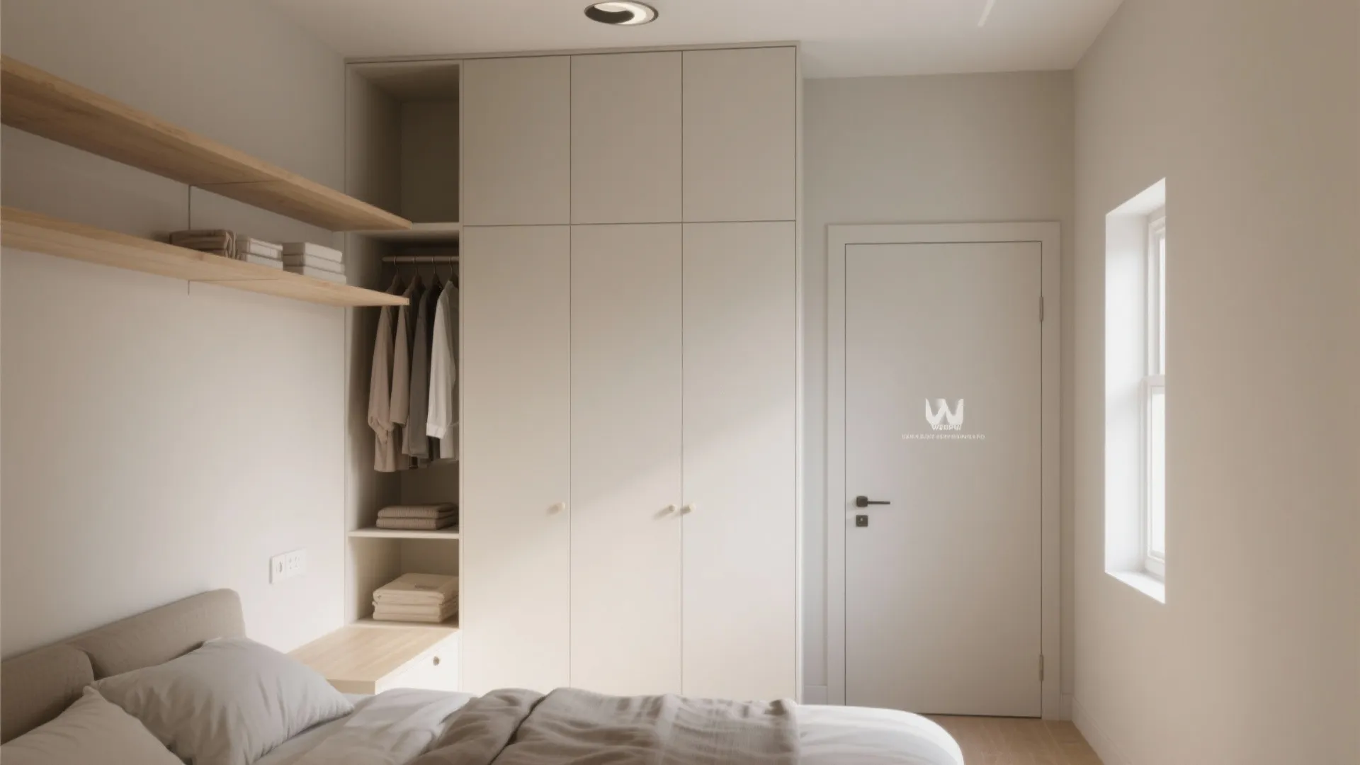 Modern bedroom with built-in white cabinet wardrobe wooden shelves bed door and small bright window