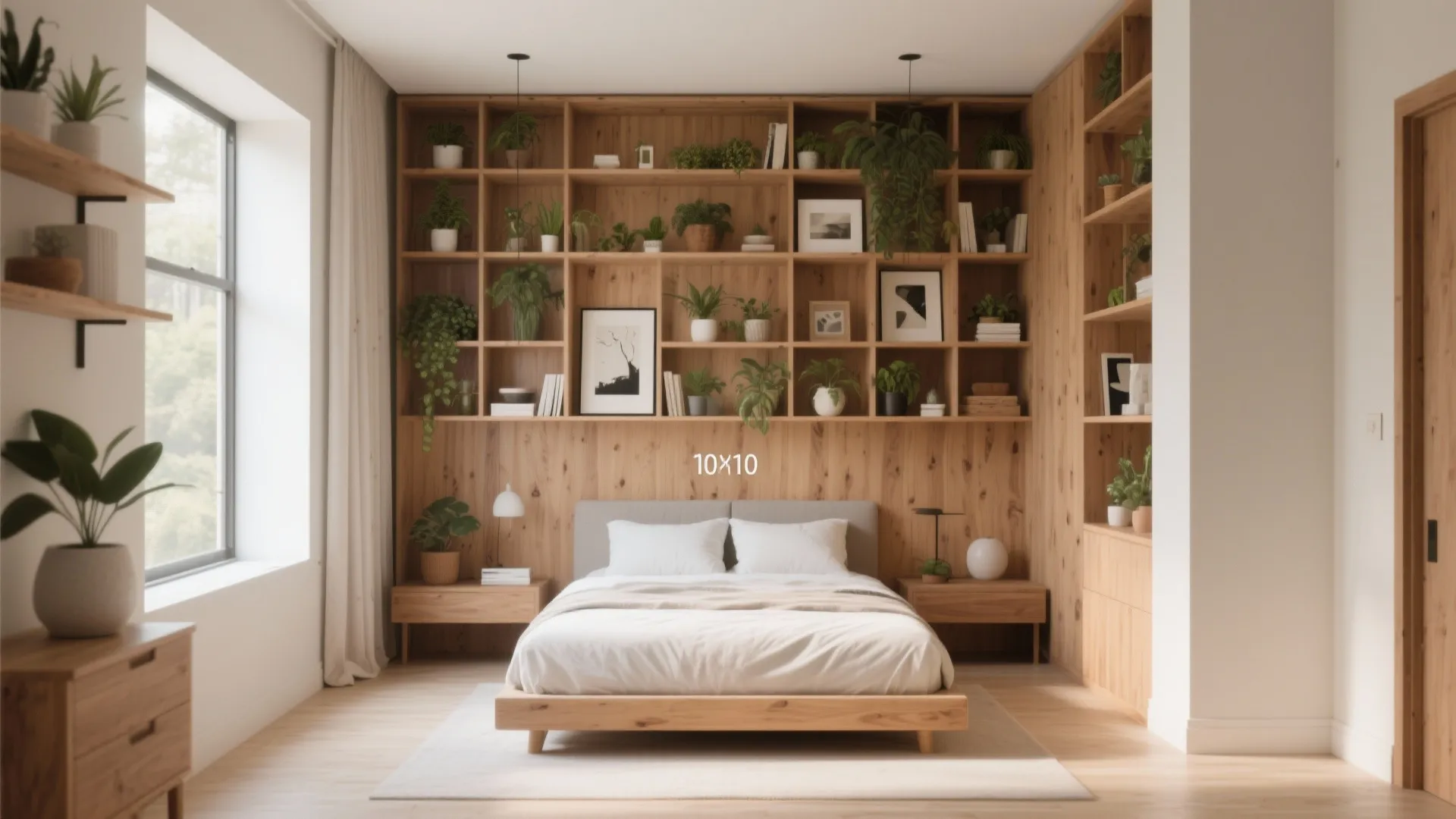 Tall shelves maximize storage in a small bedroom