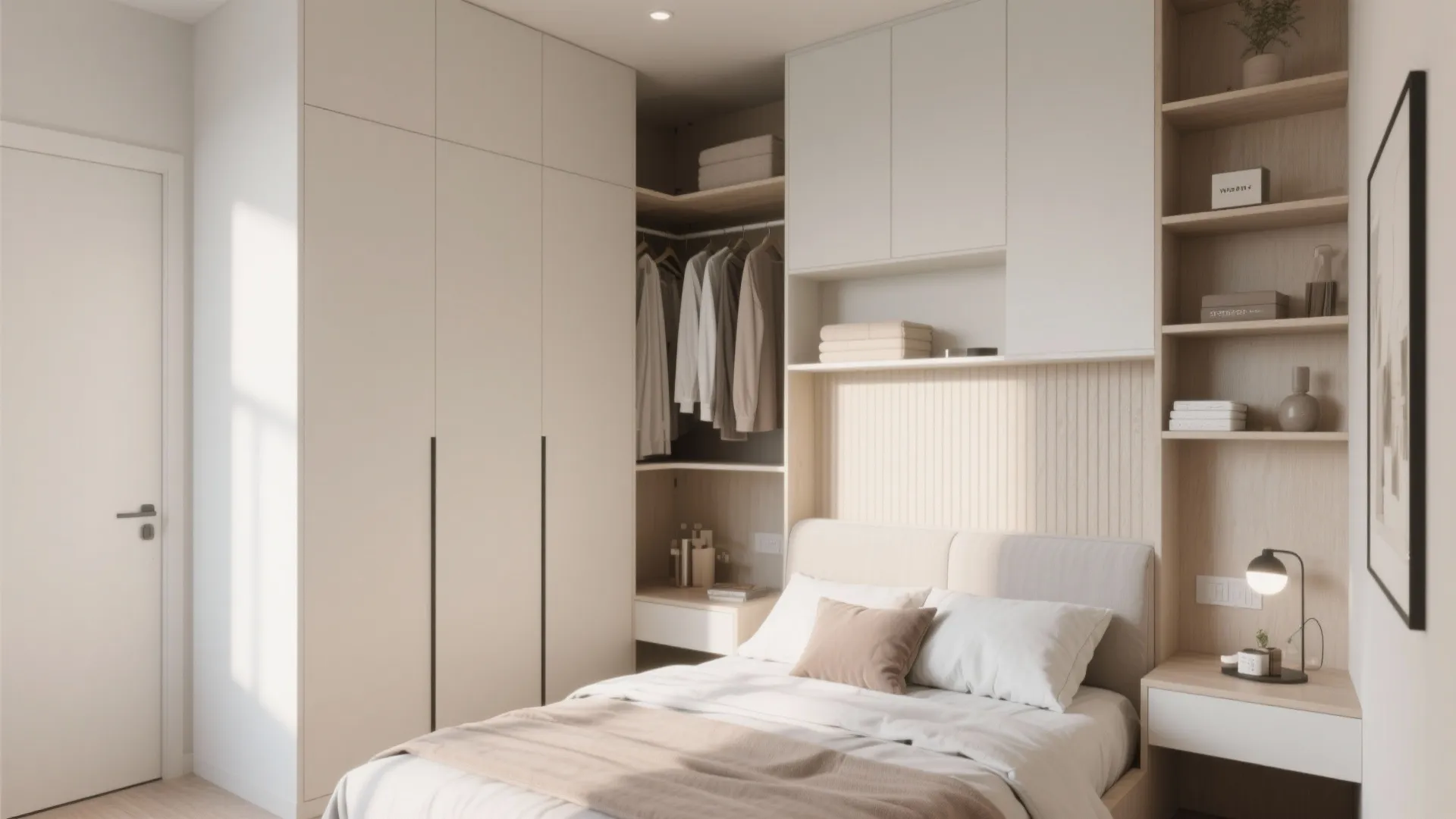 Minimalist bedroom with tall white cabinets, open shelving for clothes, a bed, and natural sunlight