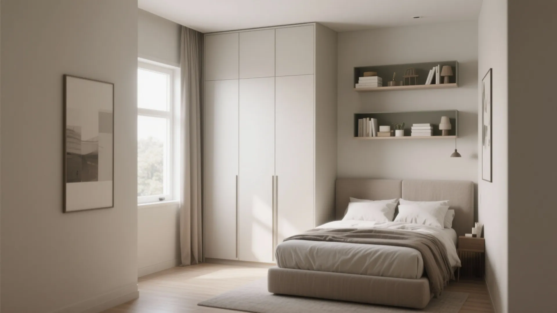Minimalist bedroom design with tall white cabinet and wall shelves for clever vertical room storage