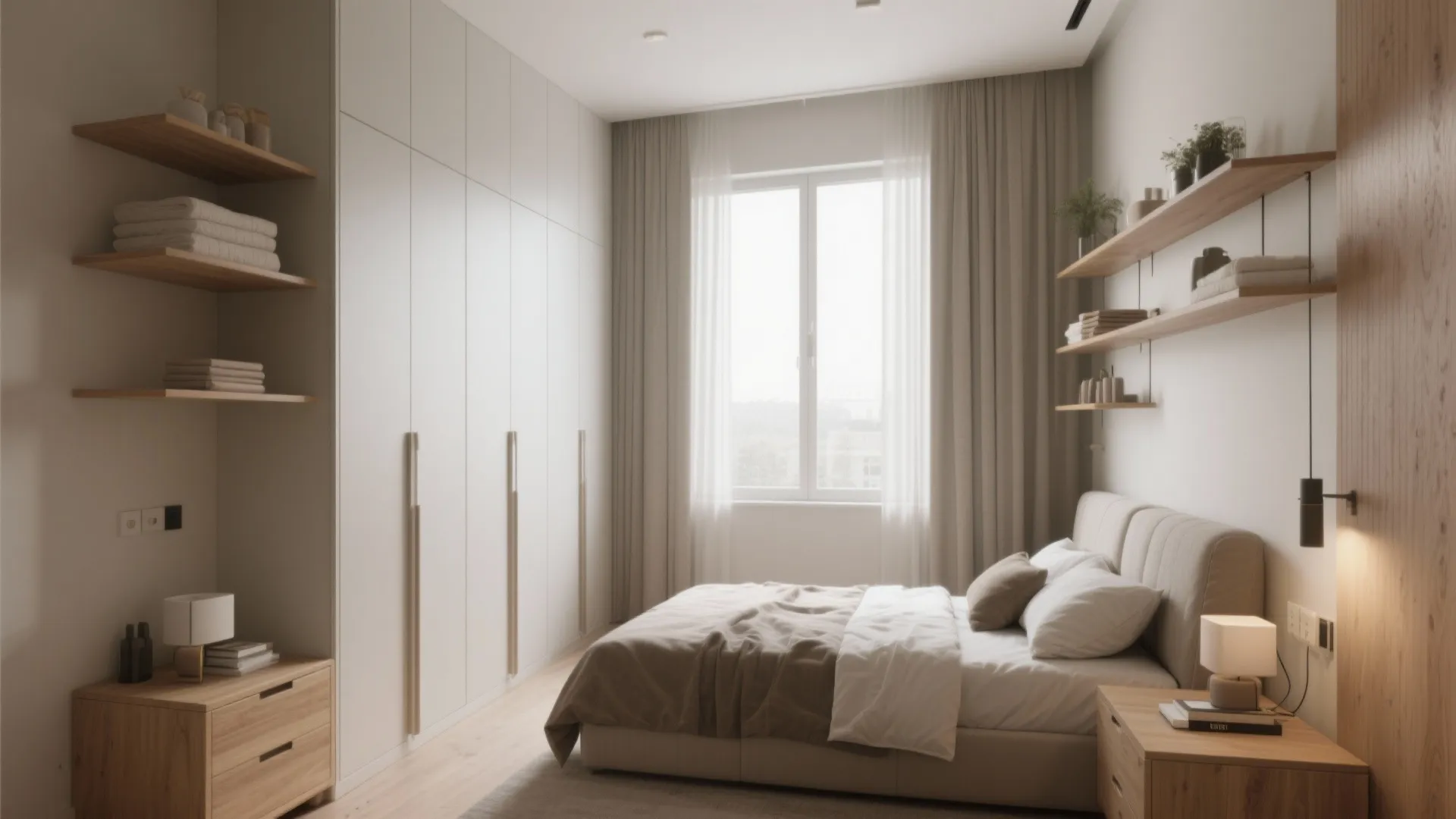 Small bedroom with tall wardrobes and floating shelves for vertical storage