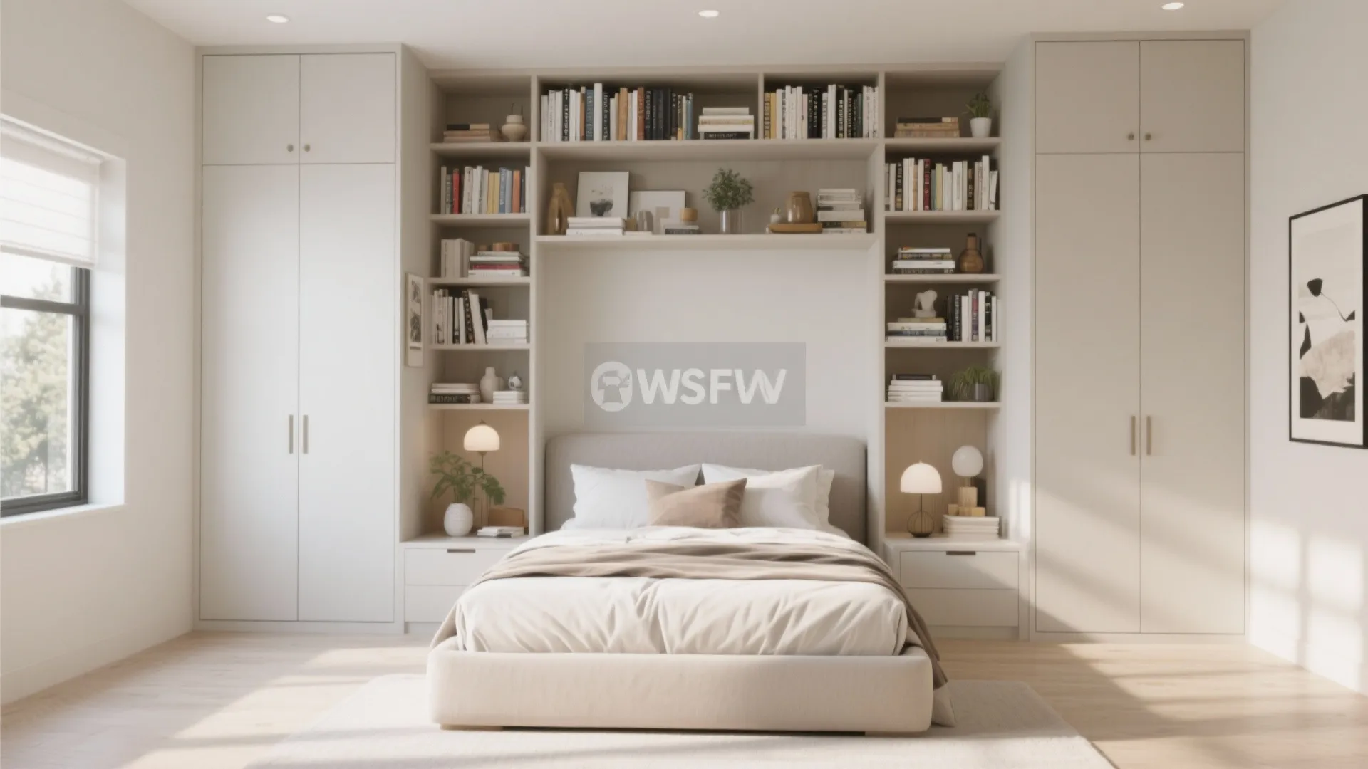 Bright bedroom with a large wall cabinet system including bookshelves around the white bed frame