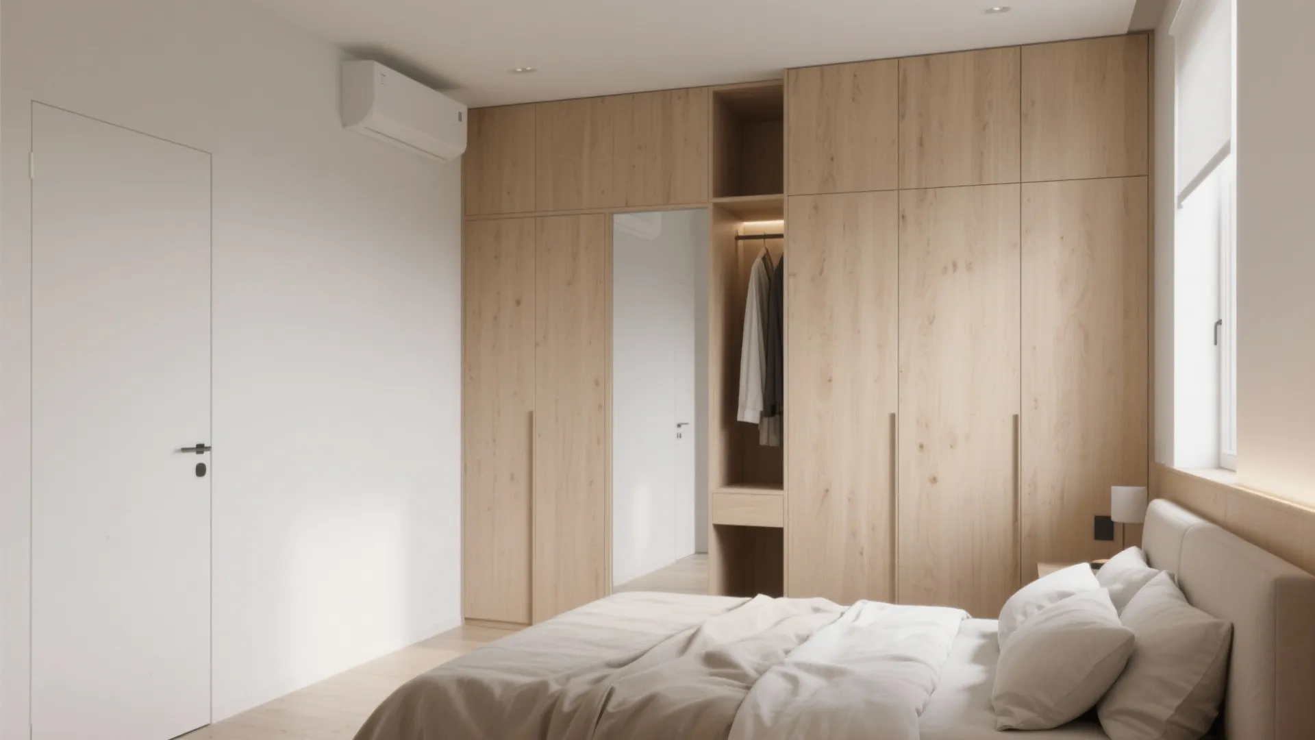 Minimalist bedroom with large wooden cabinet white walls air conditioner and light colored bed sheets