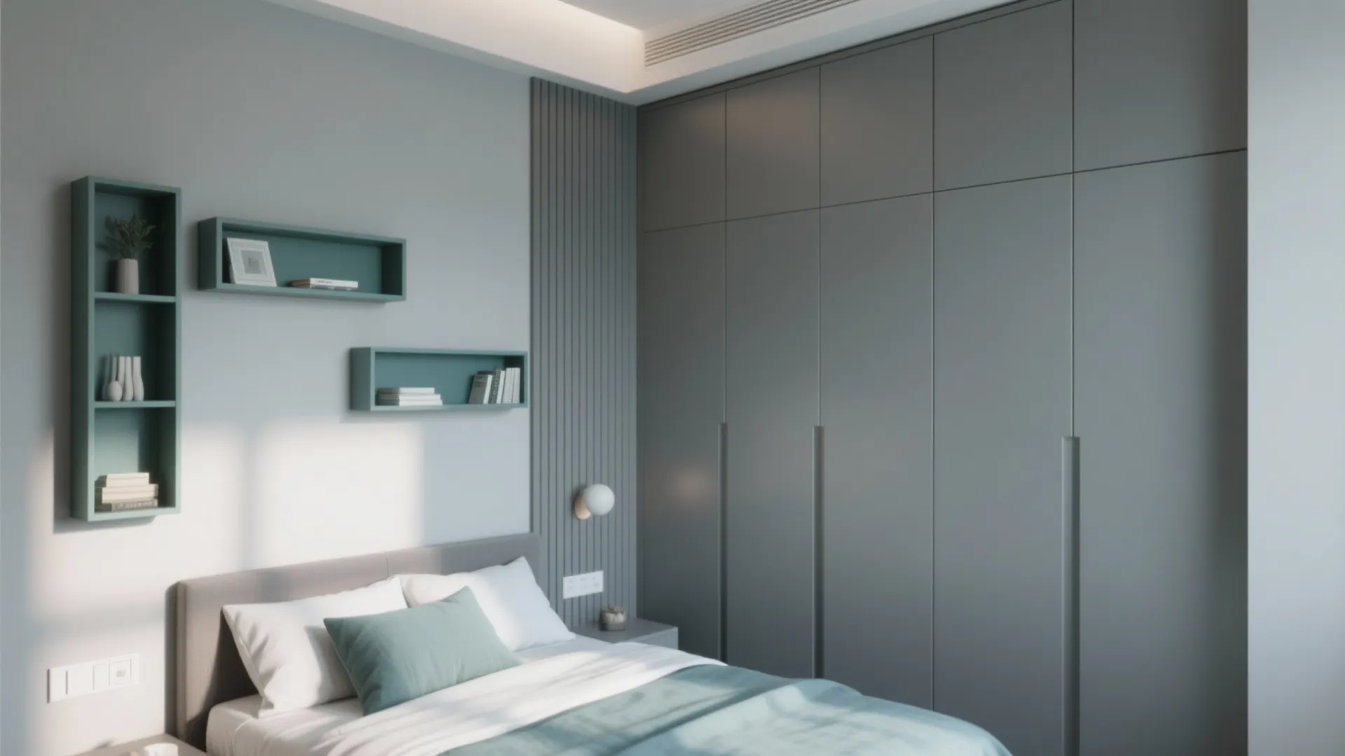 Modern grey bedroom featuring large wardrobe, teal wall shelves, cozy bed, and bright natural lighting