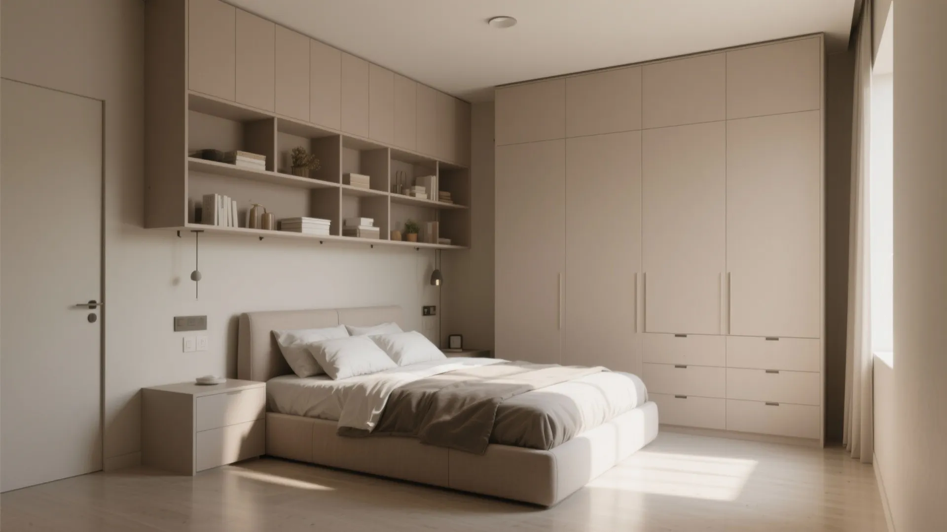 Small bedroom with tall wall-mounted shelving and built-ins