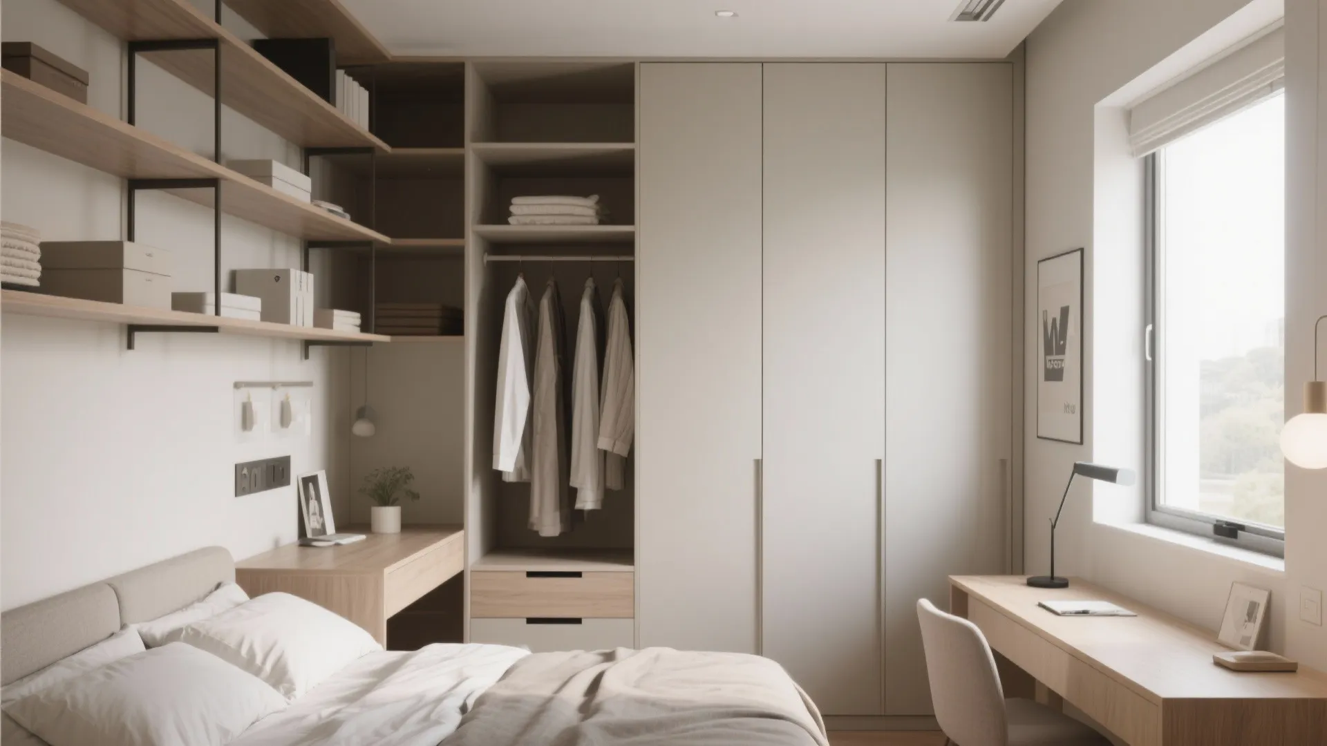 Small bedroom with tall wardrobes and wall shelves above desk