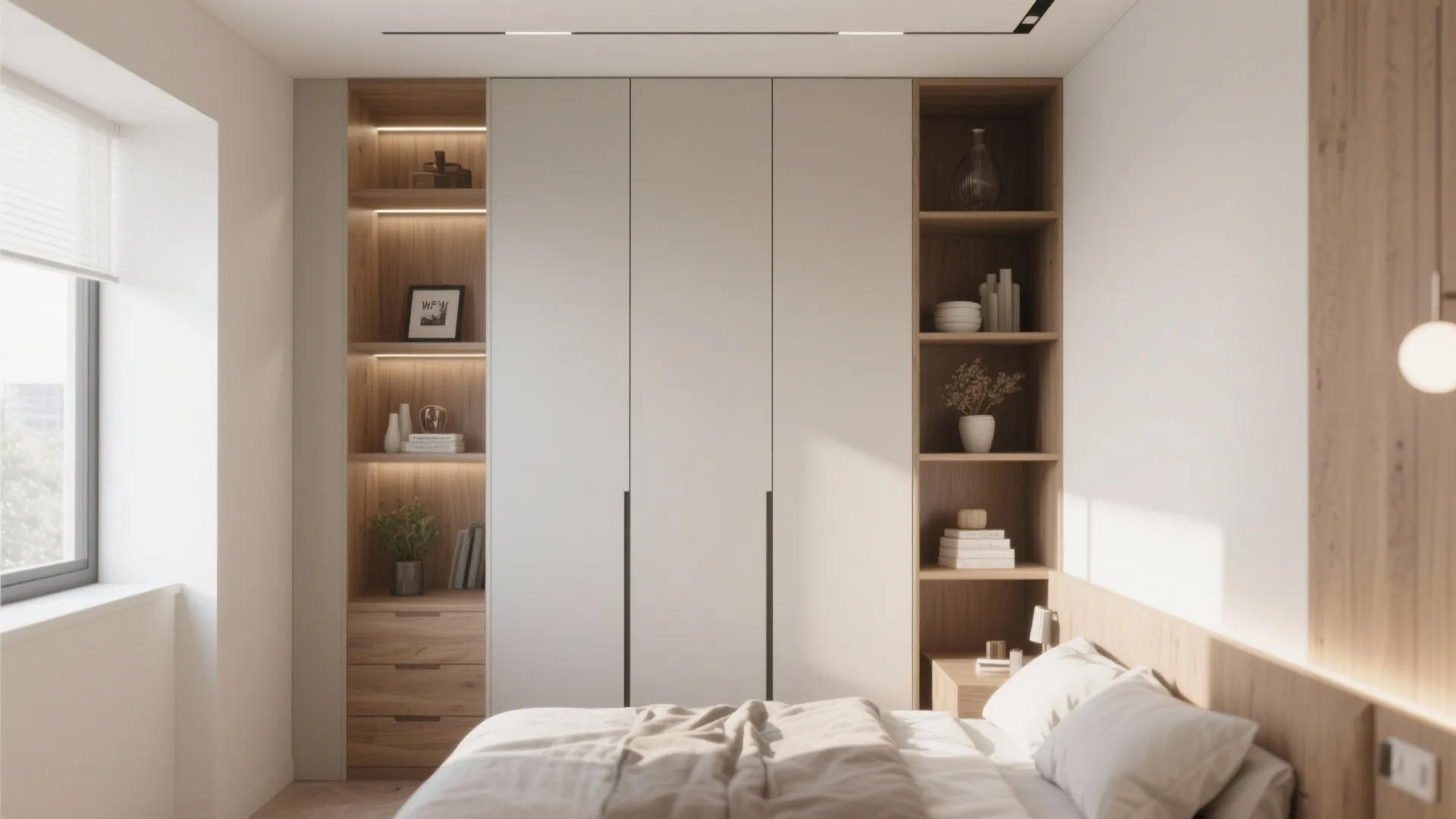 Modern bedroom with built-in white cabinet, wooden open shelves, plant decor, books, and natural light
